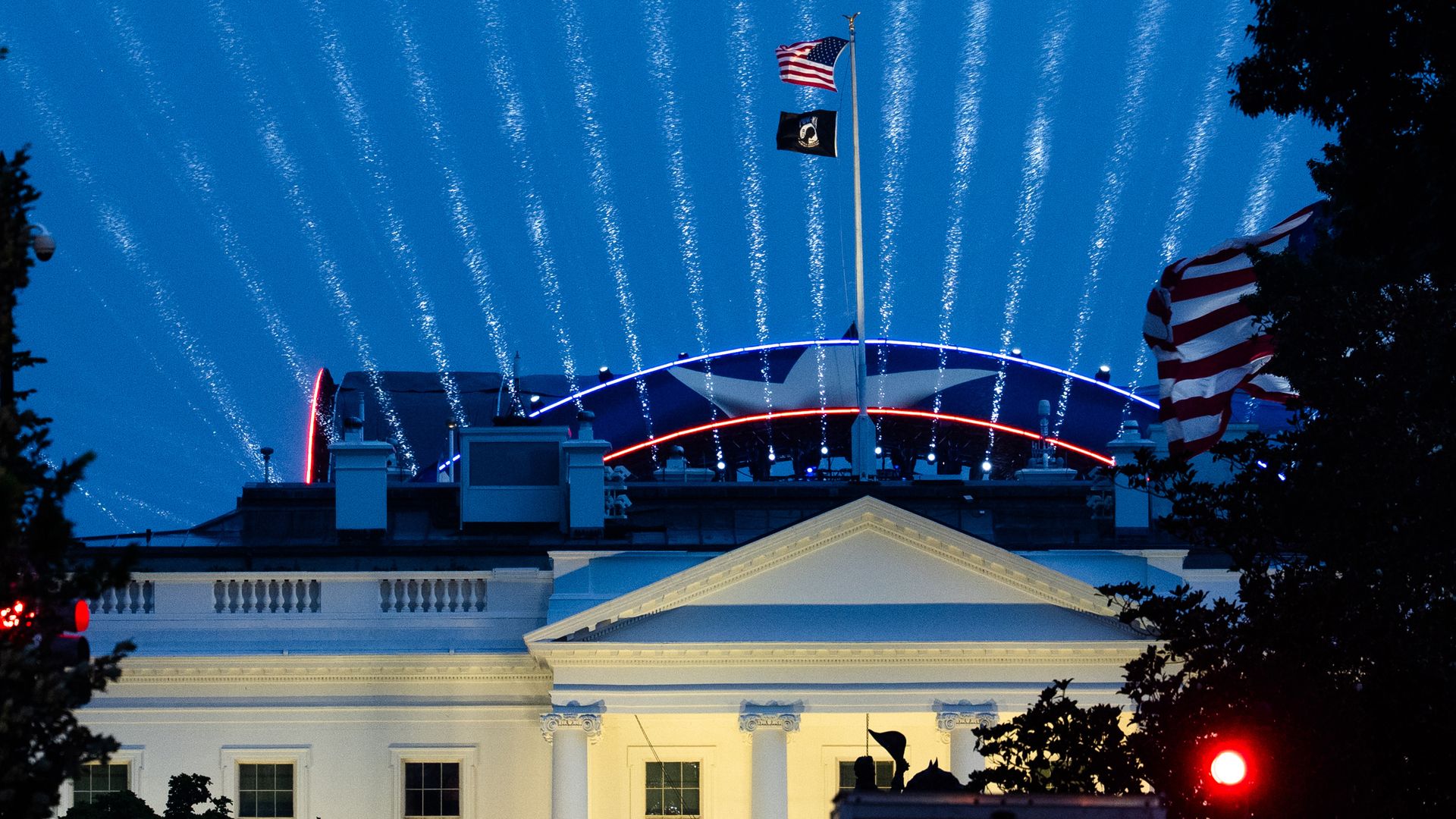 Lights shine from the Ultimate Fighting Championship ring during a test in preparation for the UFC Freedom 250 match on June 11, 2026 in Washington, DC. The South Lawn of the White House has been transformed into a fighting ring ahead of a planned Ultimate Fighting Championship martial arts competit