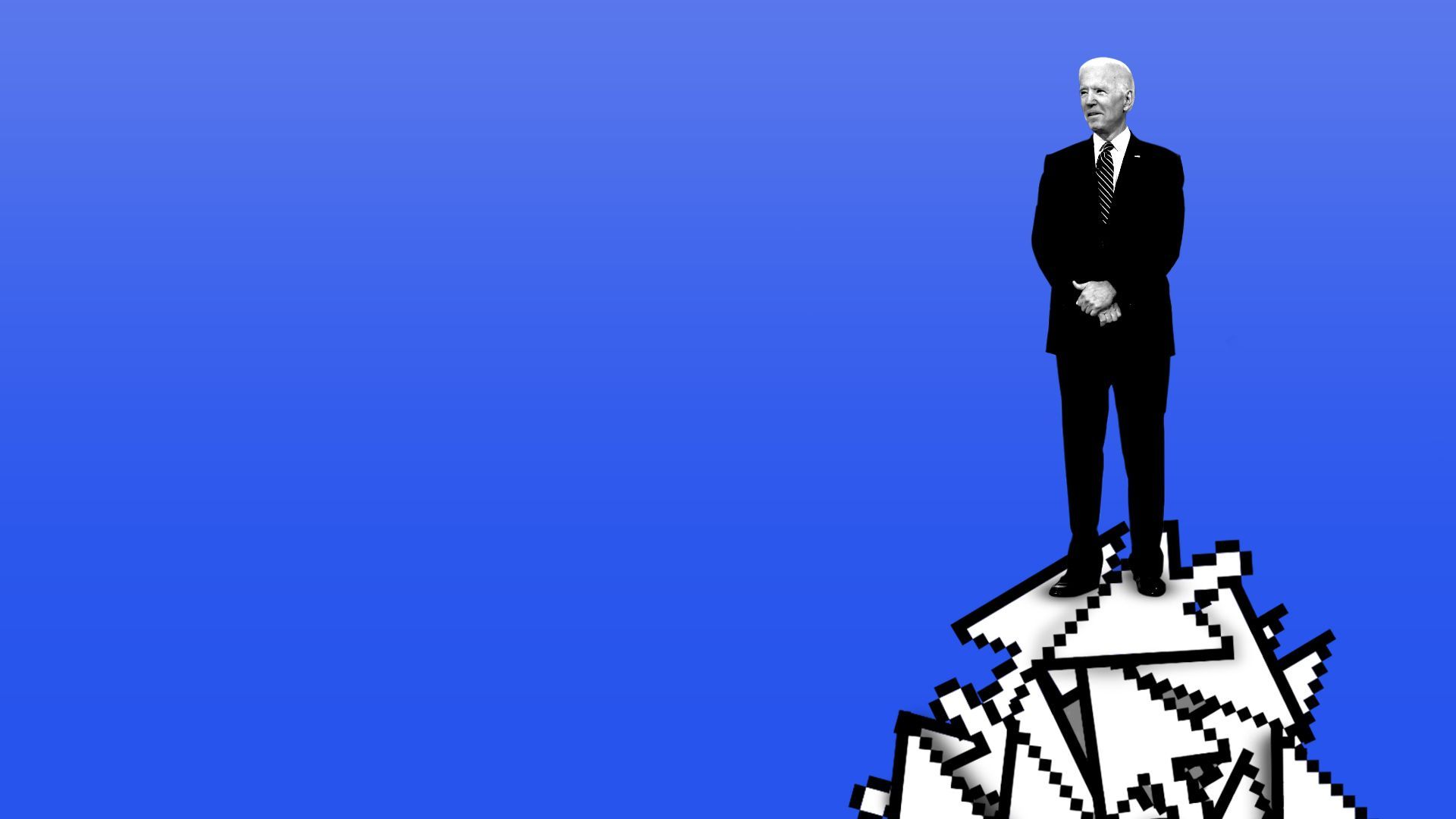 Illustration of Joe Biden on a pile of cursors. 