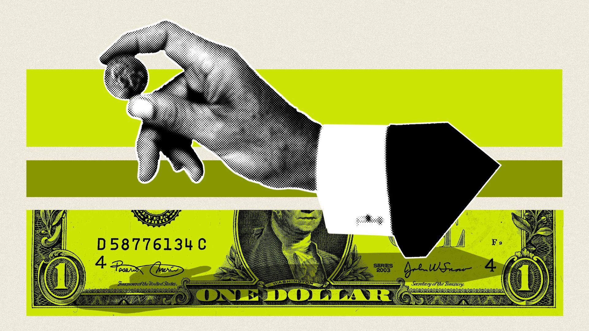 Illustration of a hand holding a coin against a green dollar bill background