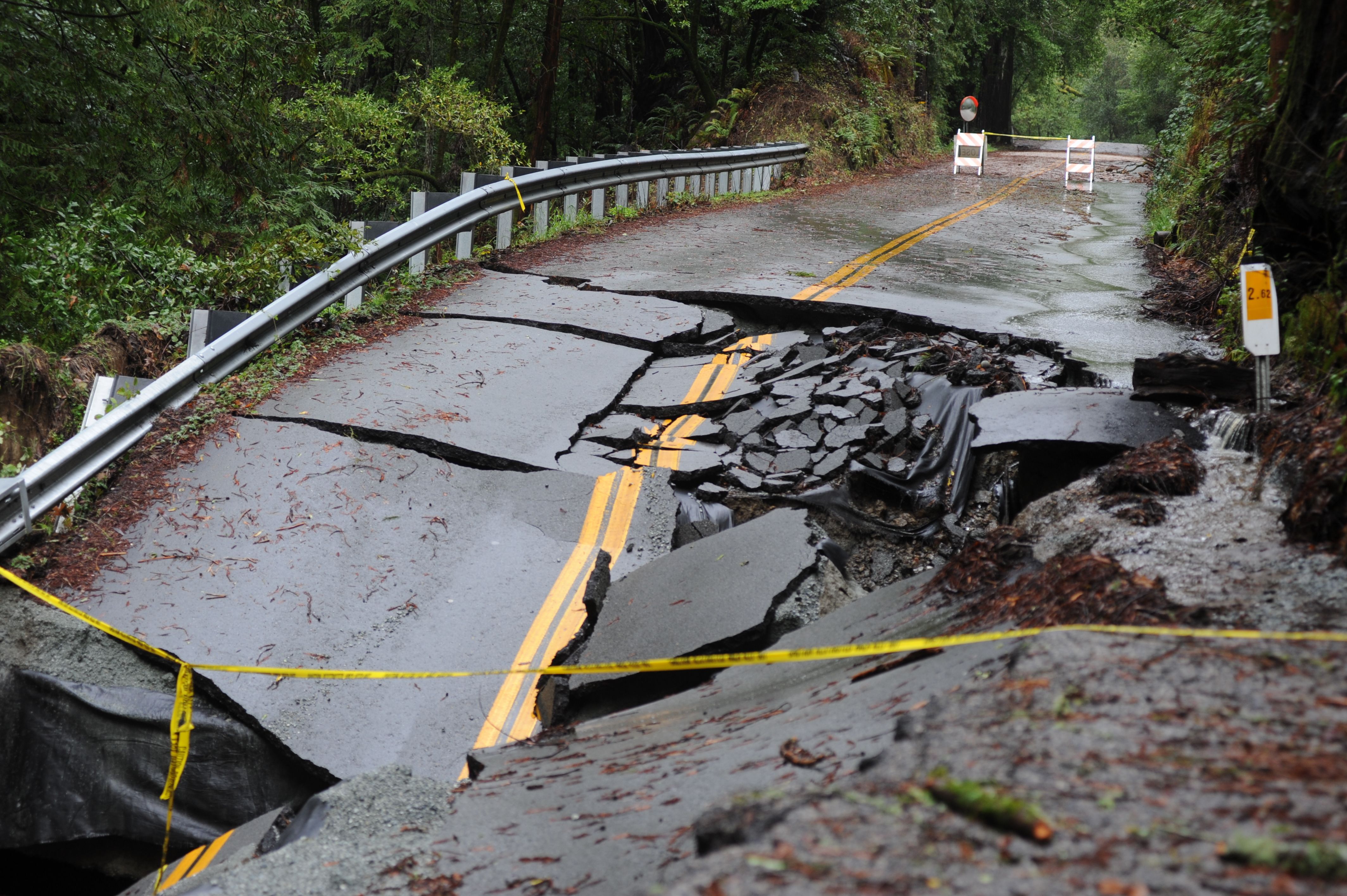A view of damage on the road after storm and heavy rain in the Santa Cruz Mountains above Silicon Valley in Scotts Valley, California, United States on January 09.