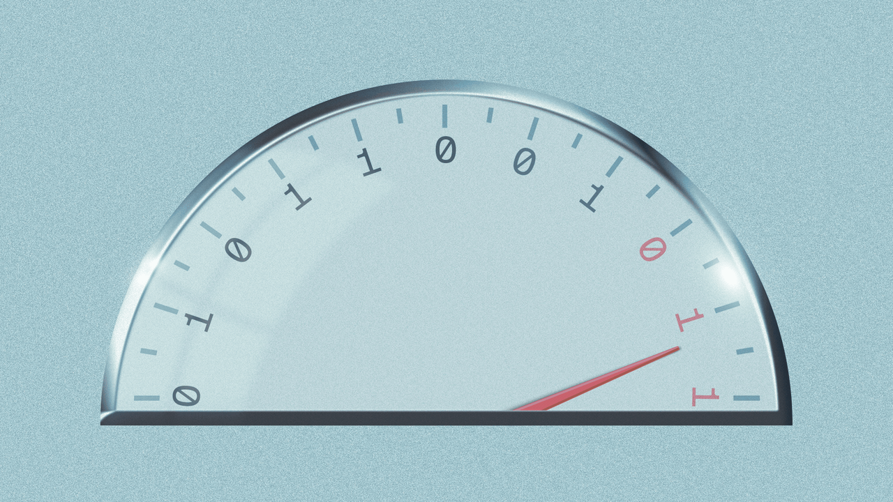 Animated illustration of an energy gauge with the numbers as binary code and the pointer moving sporadically among the top numbers.
