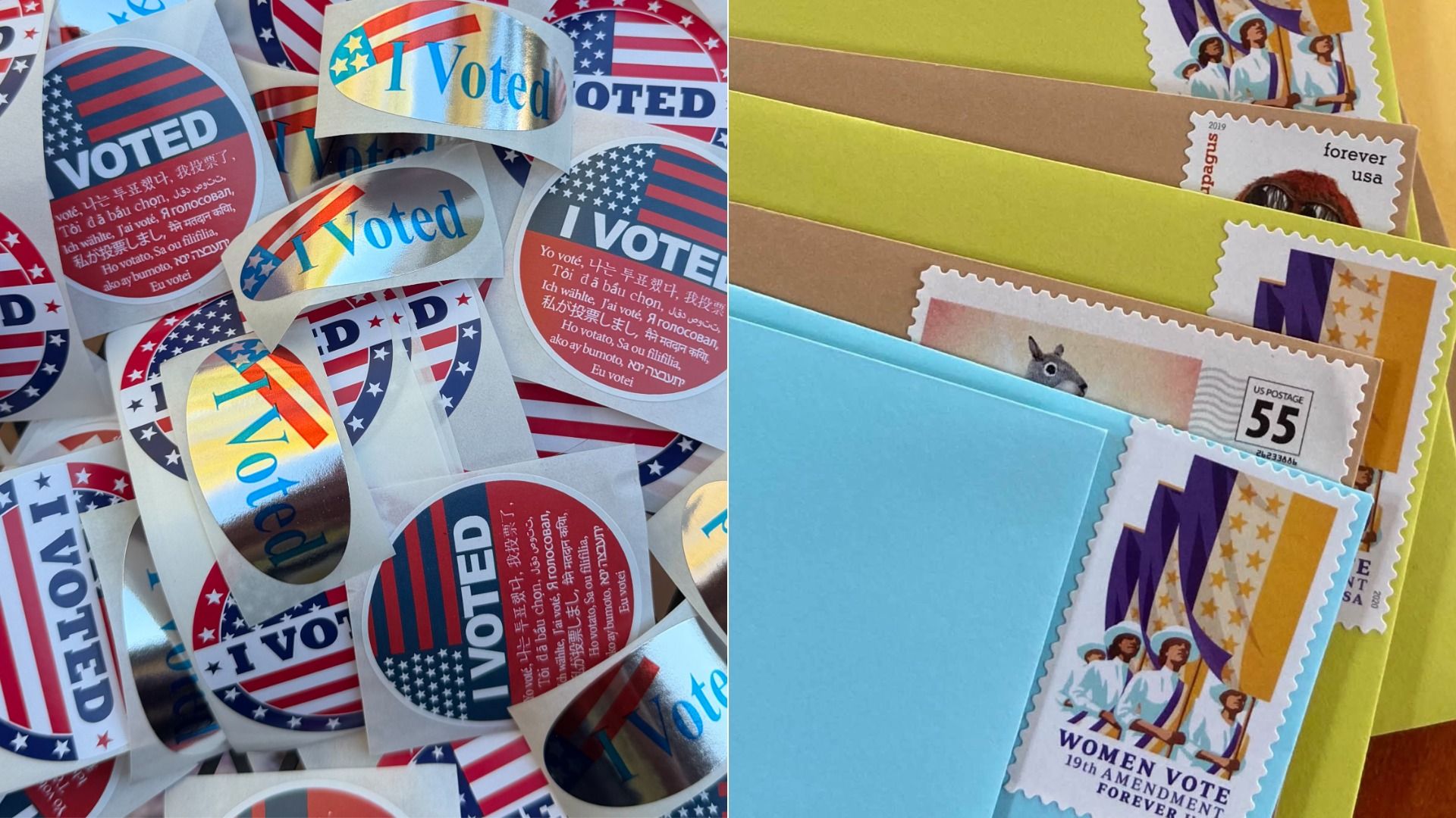 Left panel with many round I Voted stickers featuring American flag designs; right panel shows colorful envelopes with assorted stamps, including Forever USA and Women Vote designs.