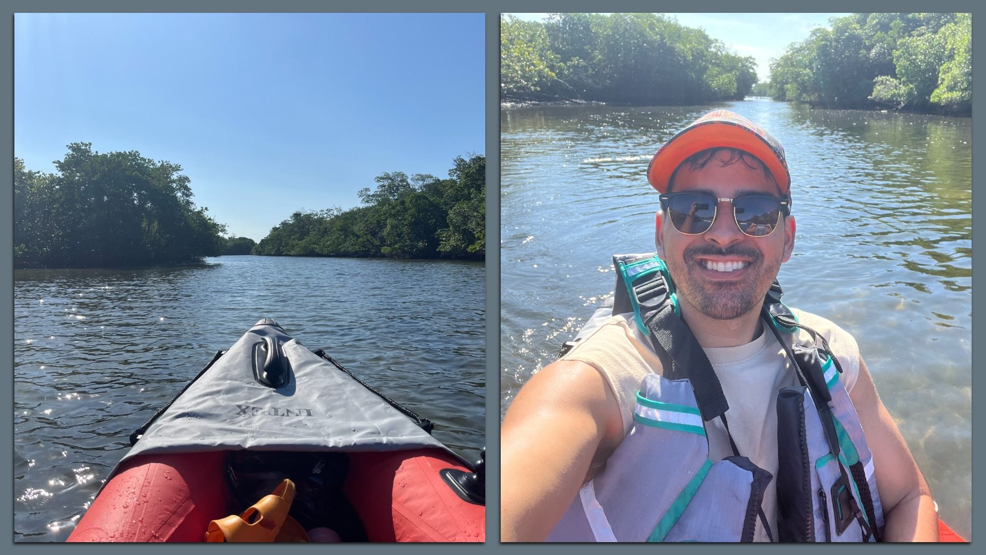 Split image: left shows front of red kayak on calm river with green trees and clear blue sky. Right shows smiling man wearing orange cap, sunglasses, and life vest kayaking on the river.