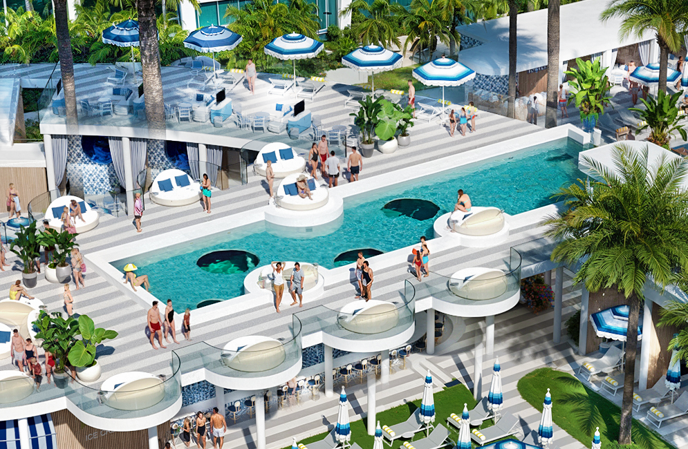 A vibrant pool area with people lounging and walking around. White circular seats, blue and white umbrellas, palm trees, and modern architecture create a lively resort atmosphere.