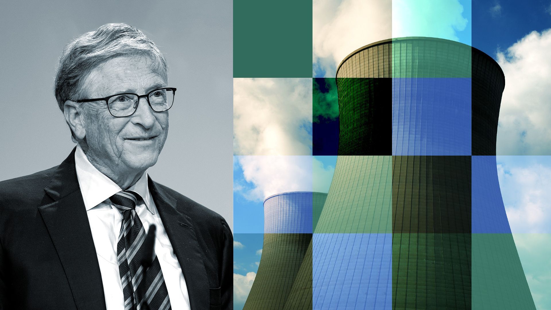 Photo illustration of Bill Gates with an image of a nuclear power plant and abstract shapes.