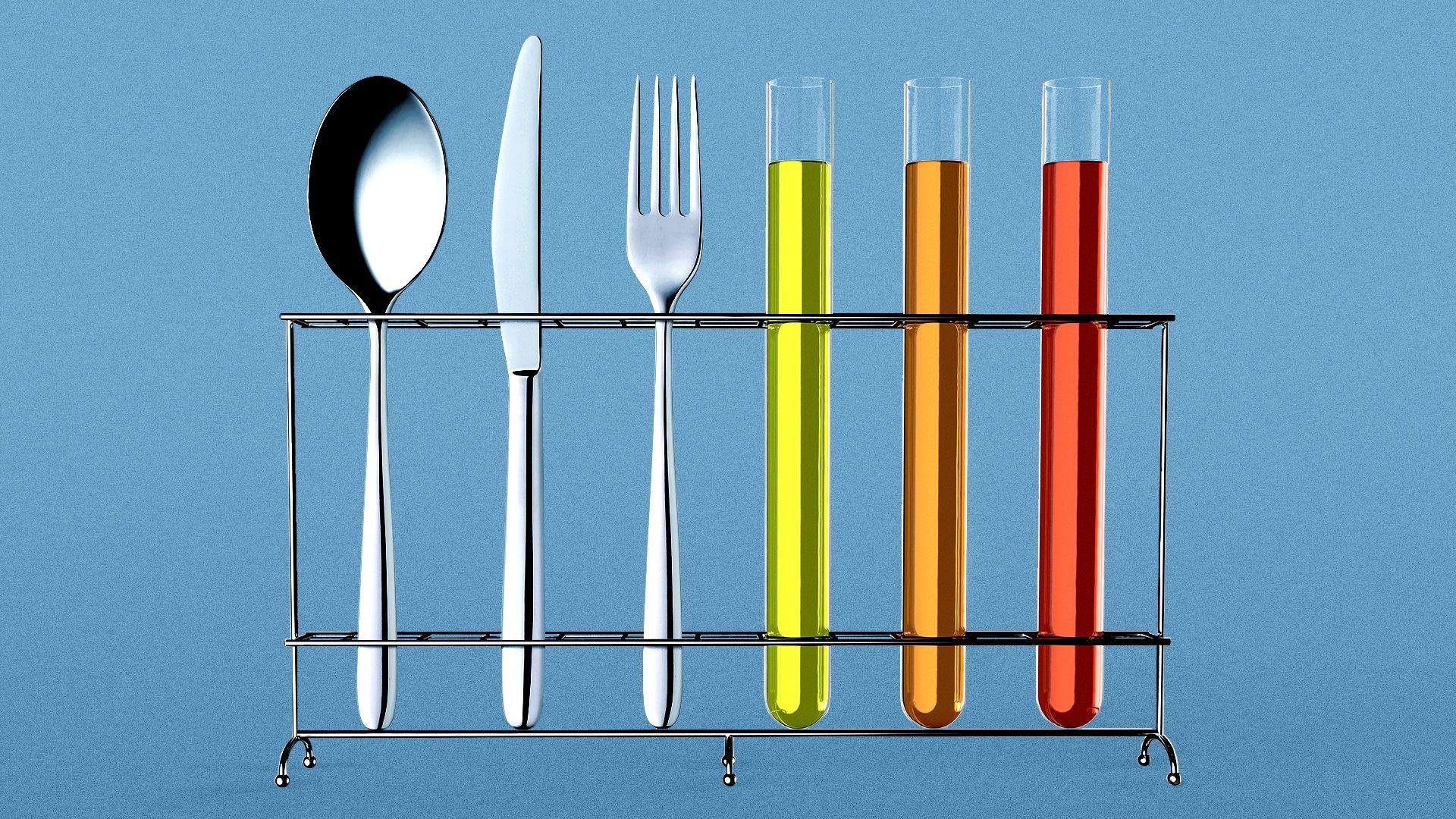 an illustration of a test tube stand  that contains three test tubes, a fork, a knife and a spoon 