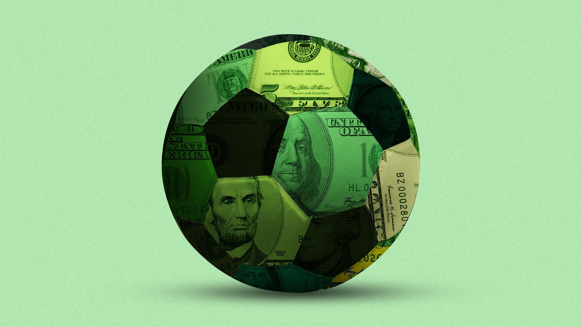 Illustration of a soccer ball made out of a patchwork of different bill denominations.  