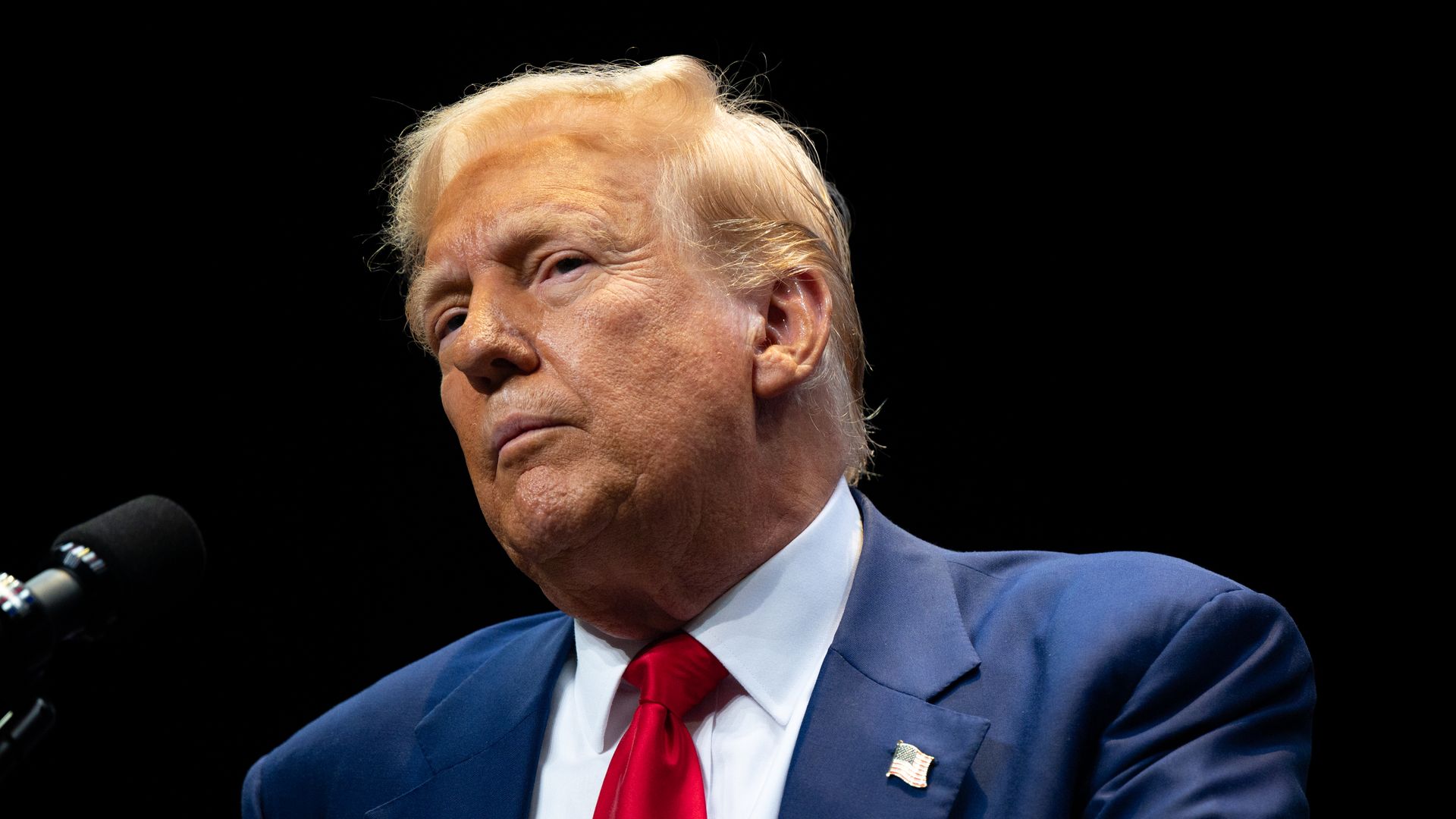 Republican Presidential candidate former U.S. President Donald Trump speaks to attendees during a campaign rally at the Johnny Mercer Theatre on September 24, 2024 in Savannah, Georgia. The former president spoke to attendees on various plans including the tax code, U.S. manufacturing, and future ec
