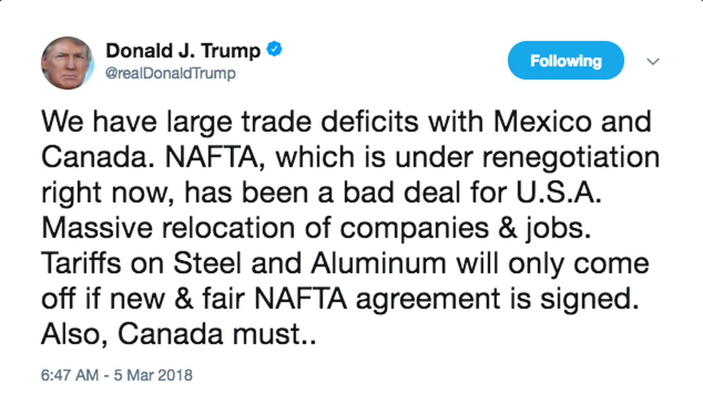 Trump tweets NAFTA demands to Canada and Mexico