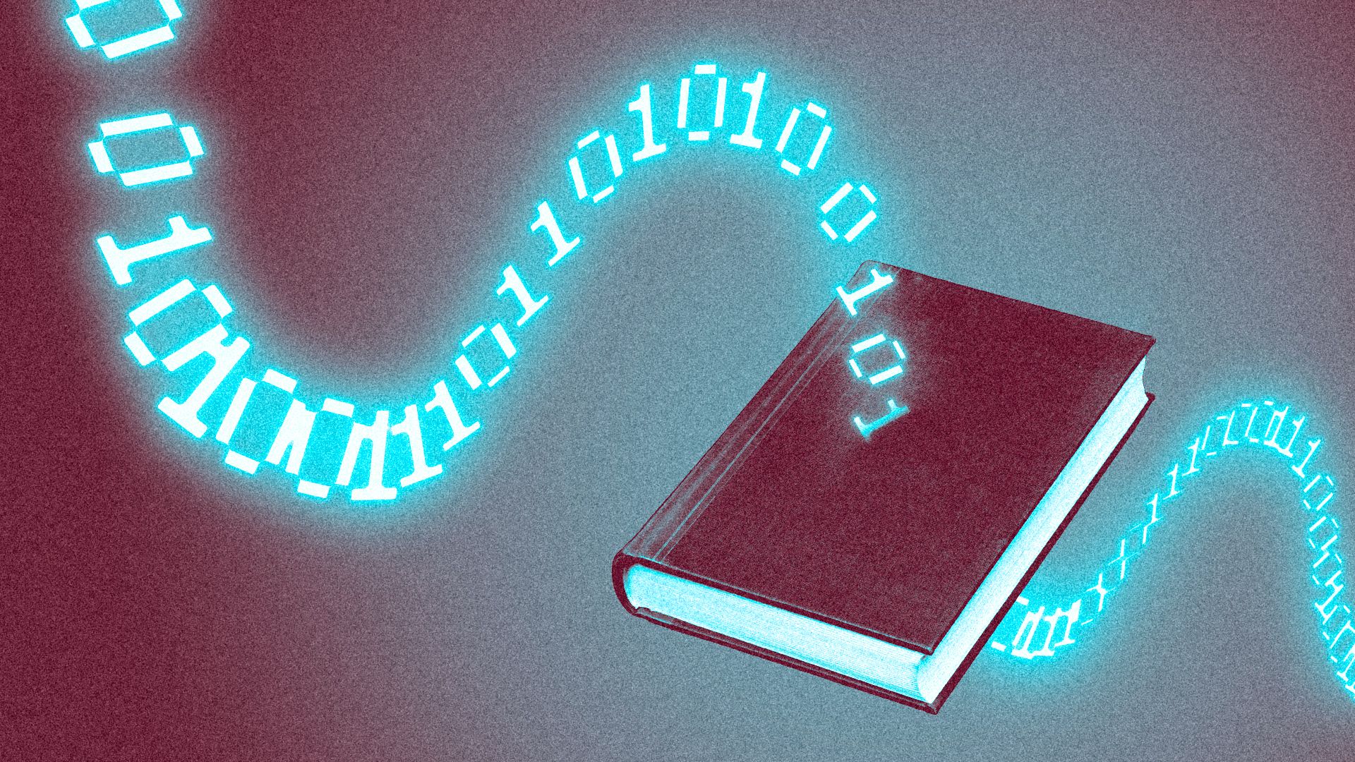 Illustration of a book with a wave of binary code passing through it.