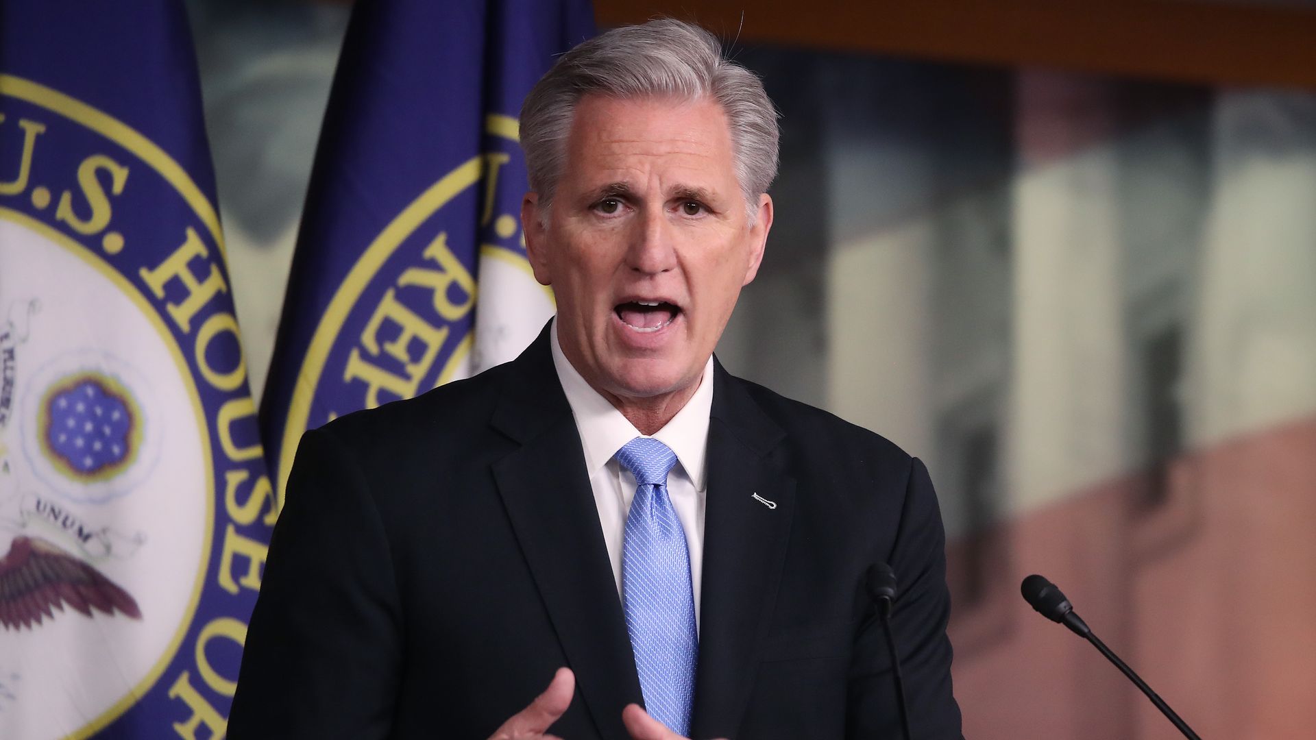 House Minority Leader Kevin McCarthy is seen speaking during a news conference.