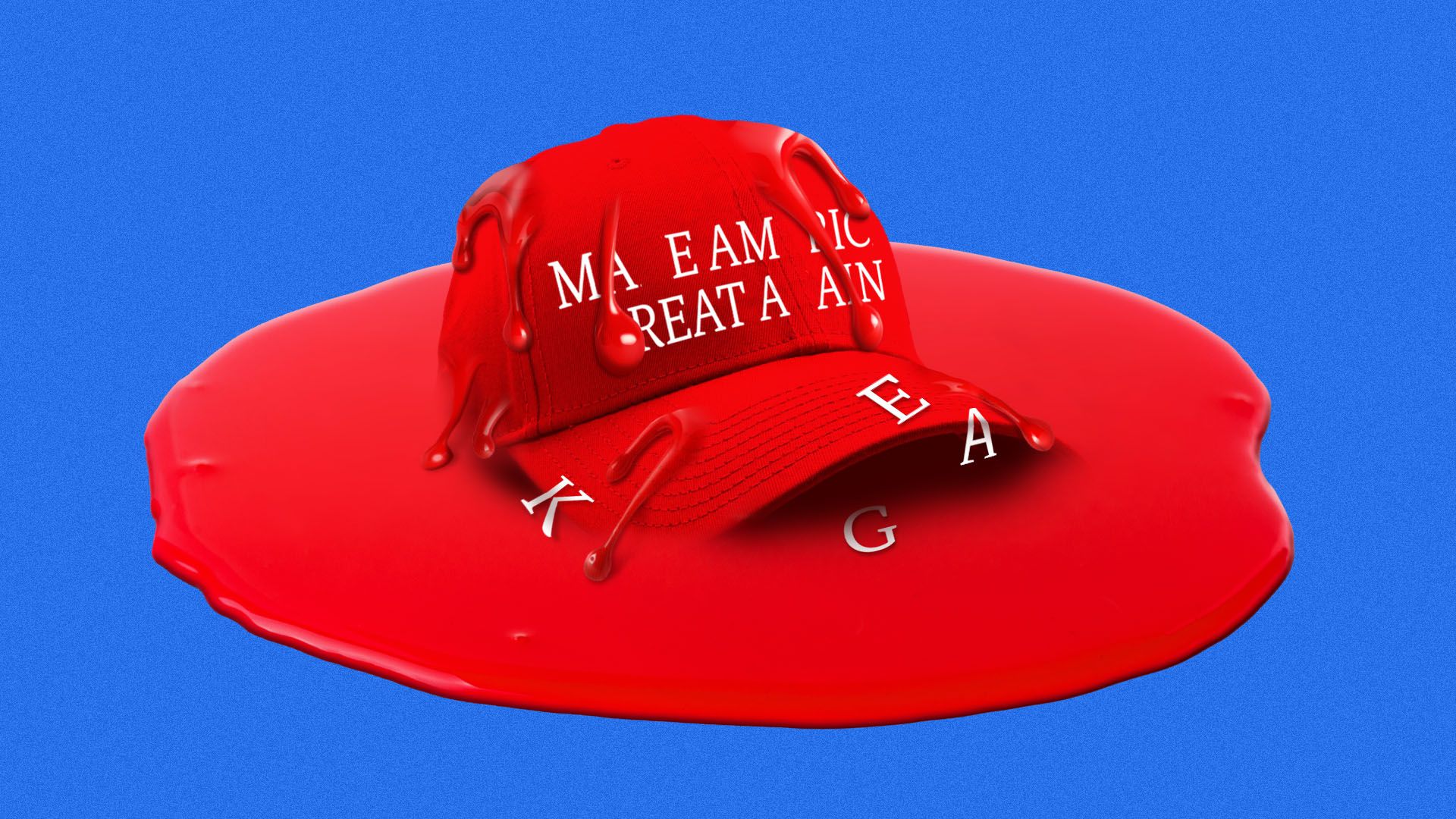 An illustration of a MAGA has  melting and scattered white letters on a blue background; partially visible text reads "MAKE AMERICA GREAT AGAIN".