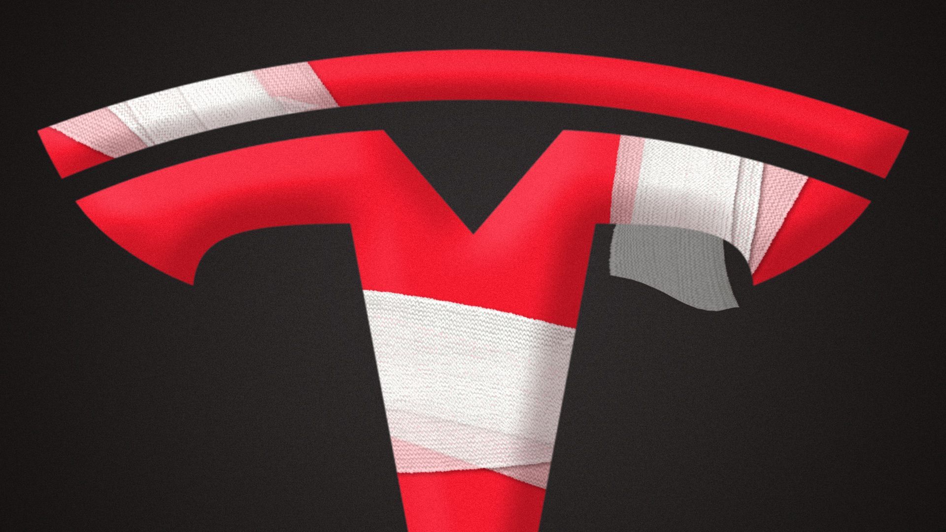 Illustration of the Tesla logo with gauze bandages wrapped around it.