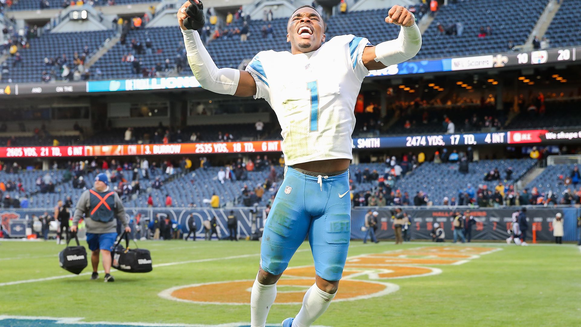 Cornerback Jeff Okudah celebrates beating the Bears.