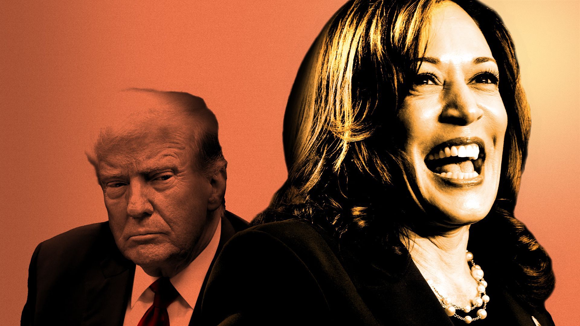 Photo illustration of Vice President Harris smiling in light and a smaller Donald Trump behind her looking unhappy