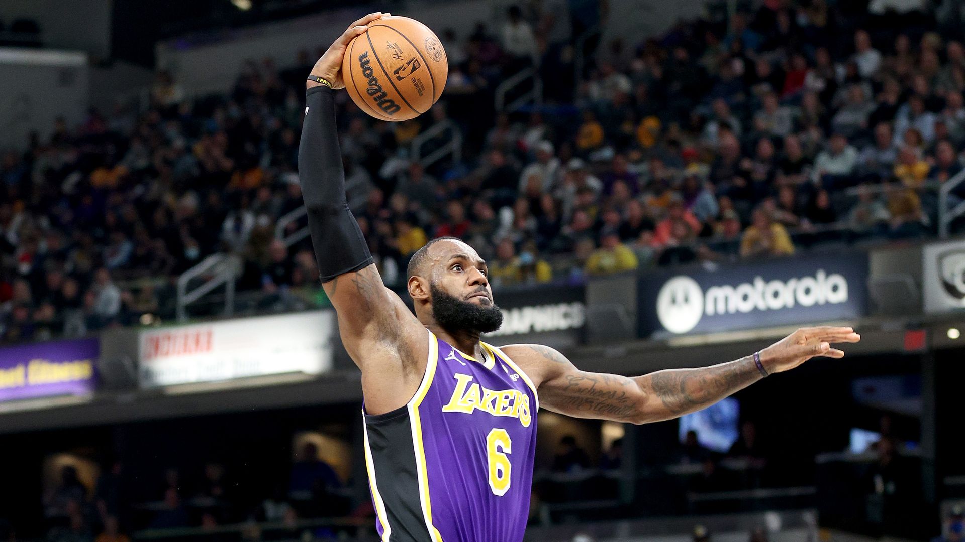 LeBron James of the Los Angeles Lakers shoots the ball against the Indiana Pacers at Gainbridge Fieldhouse on November 24, 2021 in Indianapolis, Indiana.