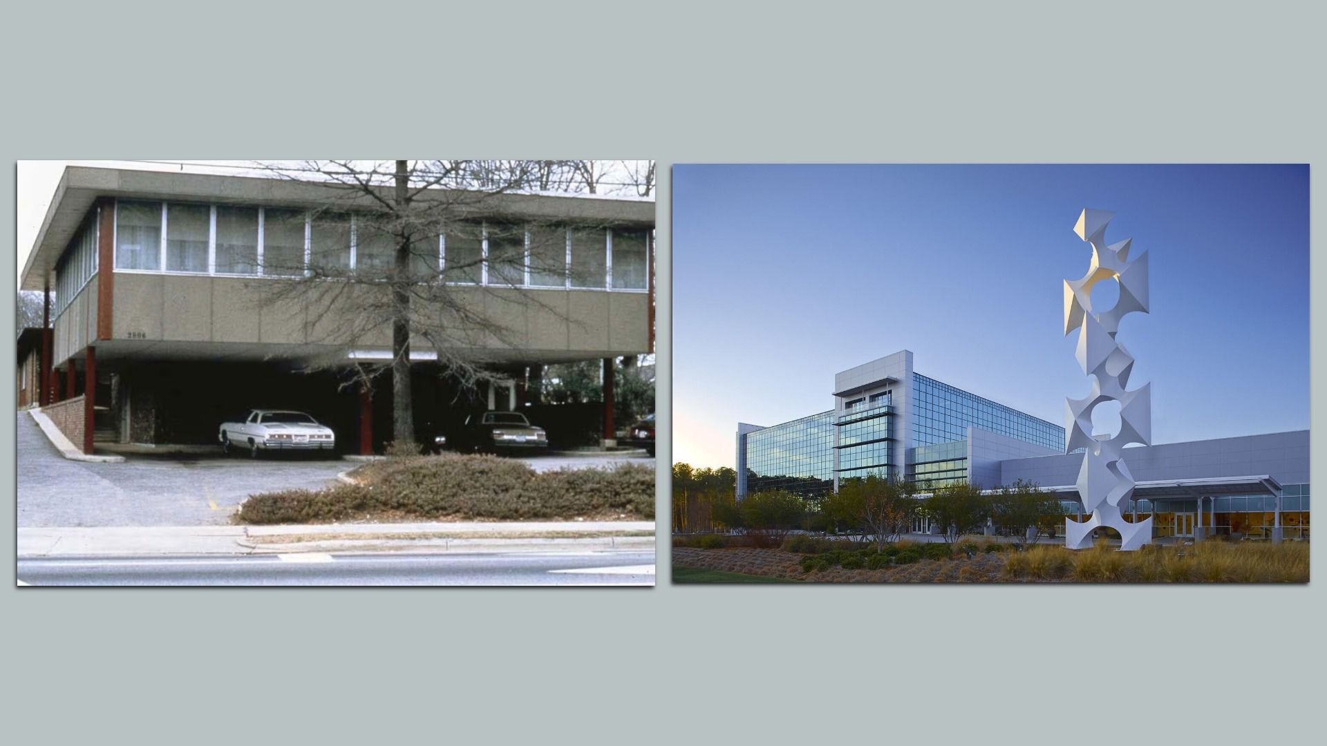 Two side-by-side shots: left features a beige, elevated mid-century building with cars under it and a leafless tree; right shows a modern glass office building with a tall white abstract sculpture.
