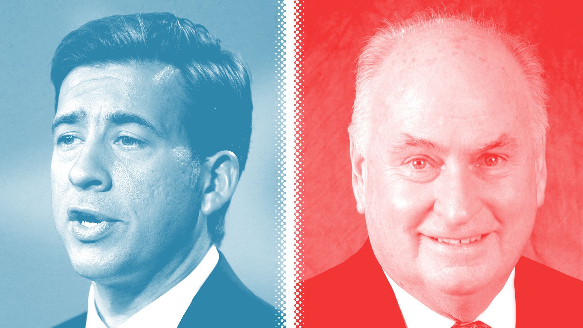 Photo illustration of Alexi Giannoulias, tinted blue, and Dan Brady, tinted red, separated by a white halftone divider.