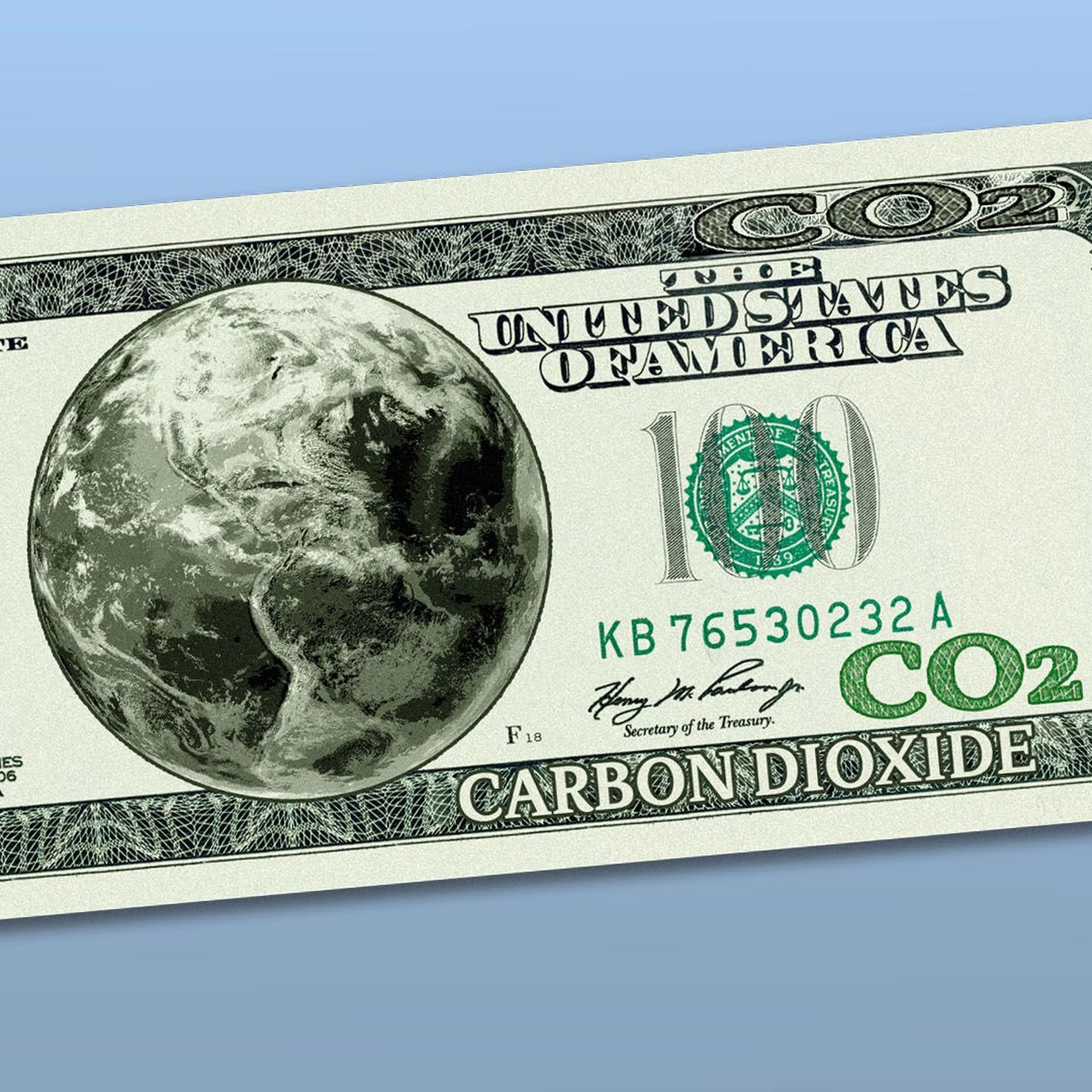 Illustration of a dollar bill that reads "CO2" and has an earth in the middle