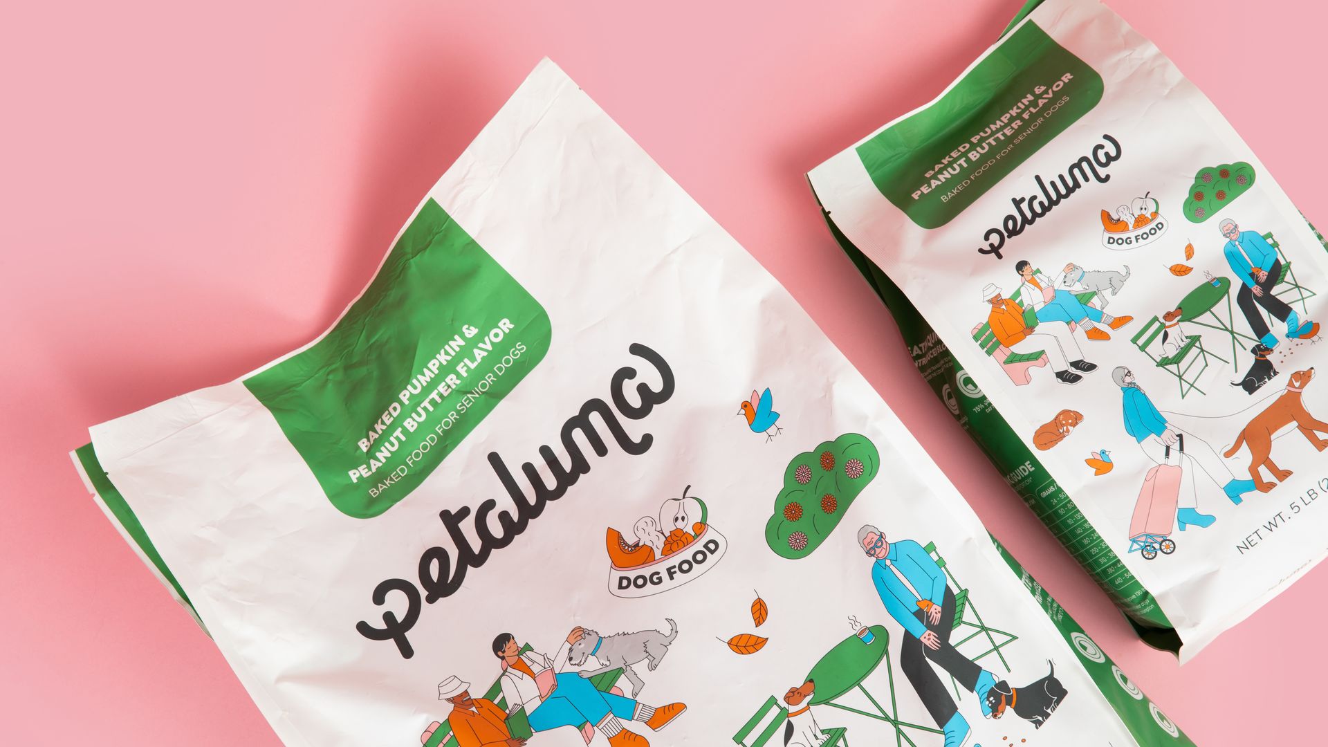 Two bags of Petaluma vegan dog food.