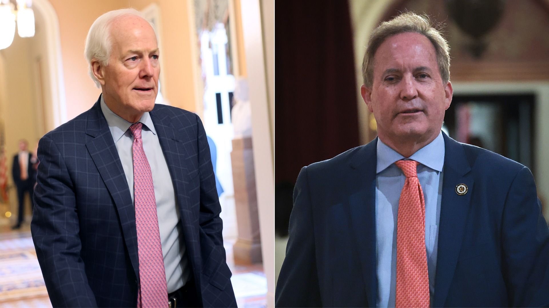 Side-by-side images of two men in suits indoors; left wears navy checkered suit with pink tie, right wears dark blue suit with orange tie and a pin on the lapel.