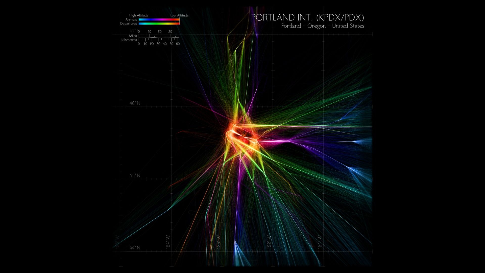 A heat map shows the arriving and departing routes of planes at the Portland International Airport.