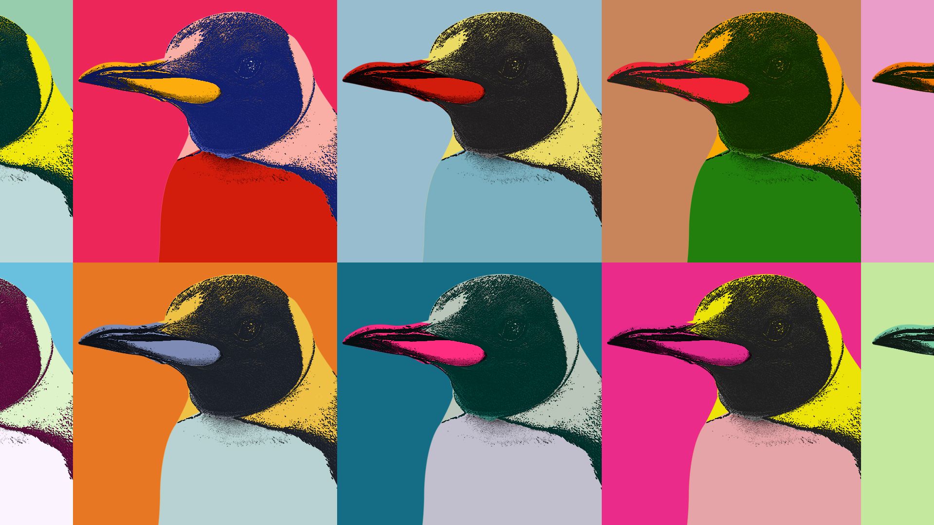 Illustration of penguins in the style of Andy Warhol's "Marilyn Diptych".