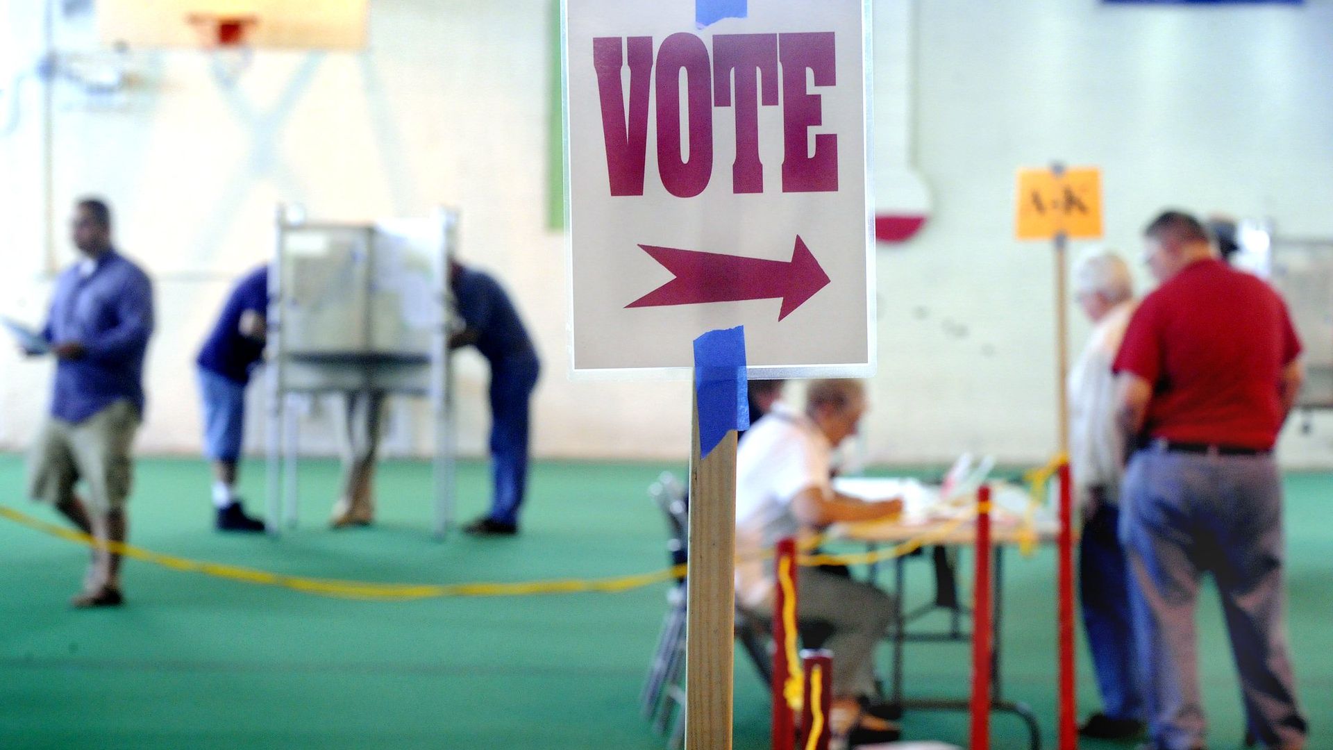 A "Vote" sign at a voting center