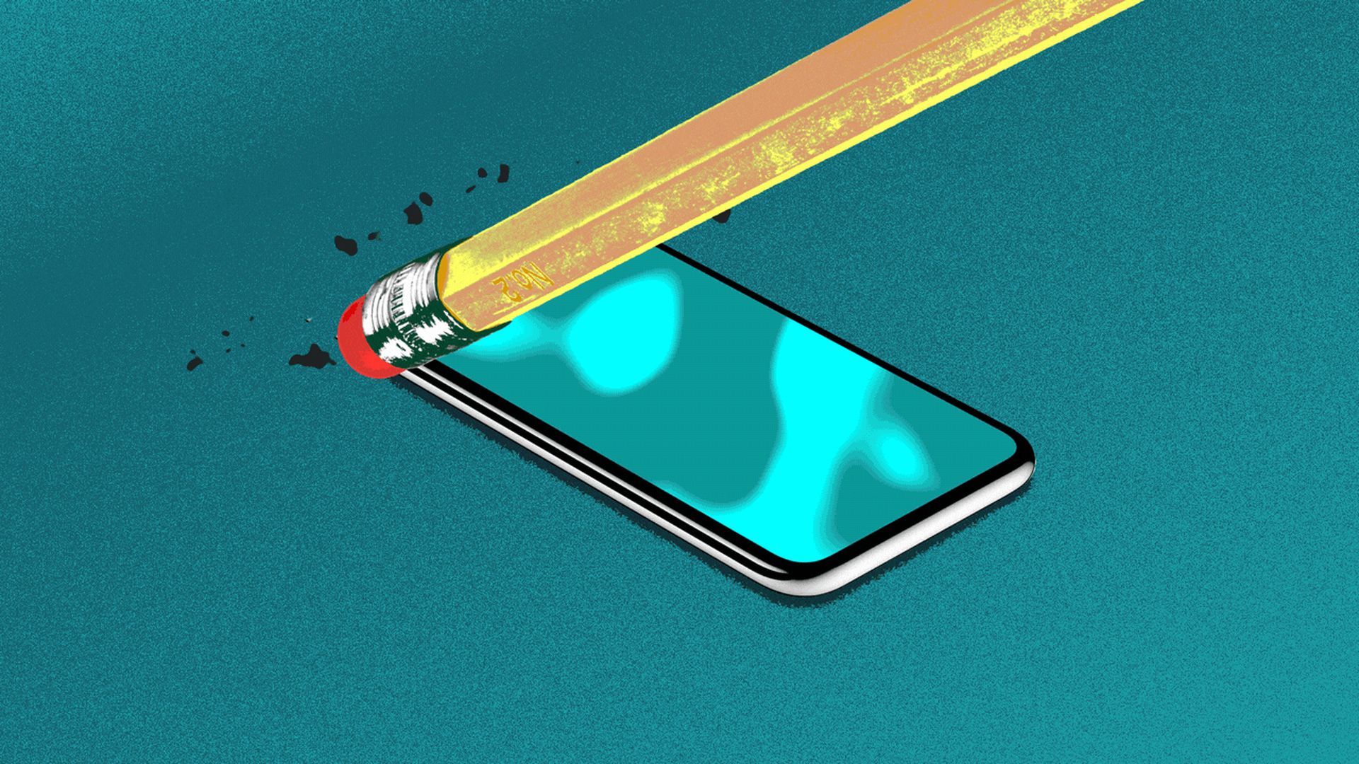 An illustration of a pencil erasing a cell phone. 