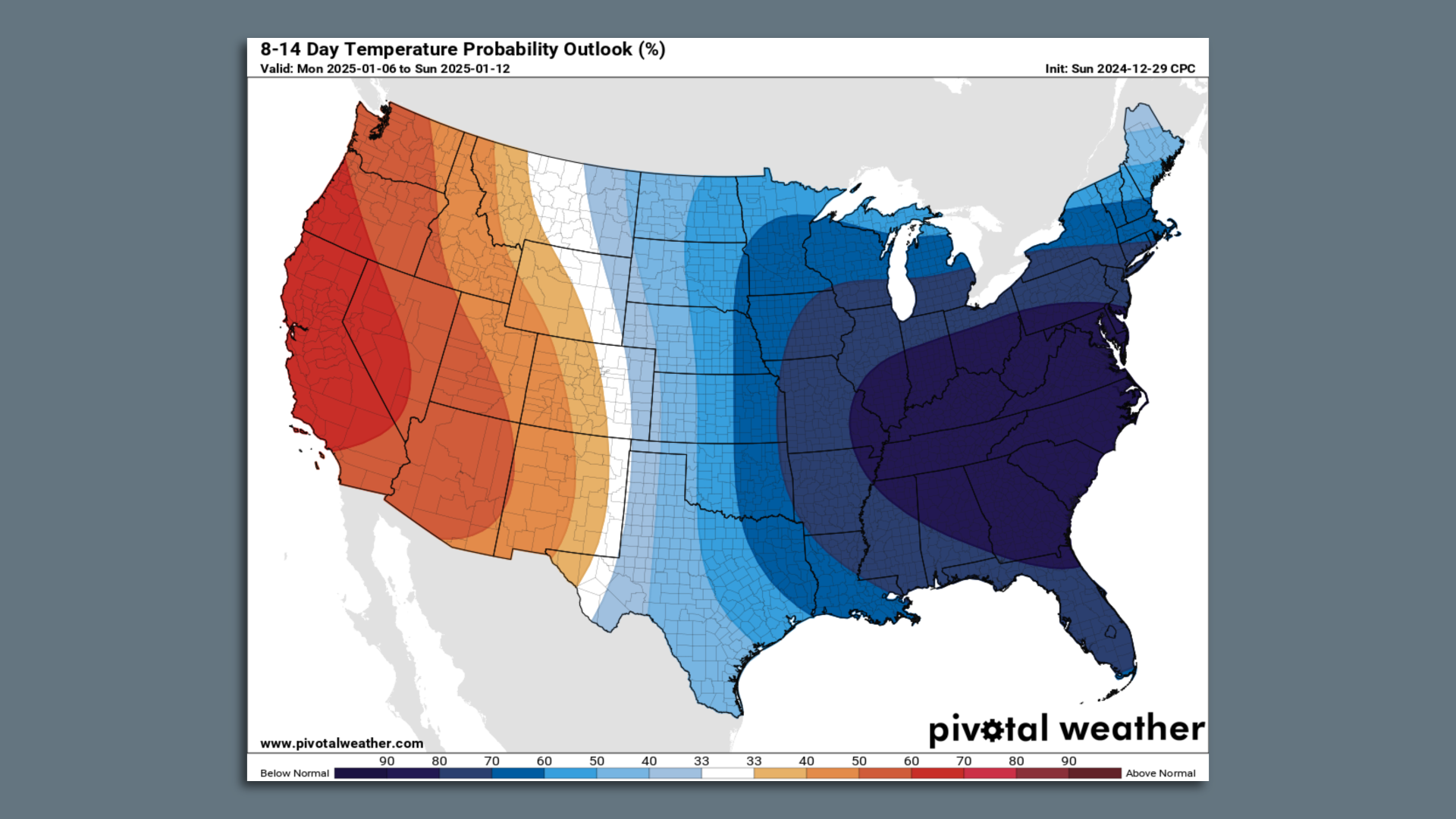 Map showing temperature departures from average for early January 2025.