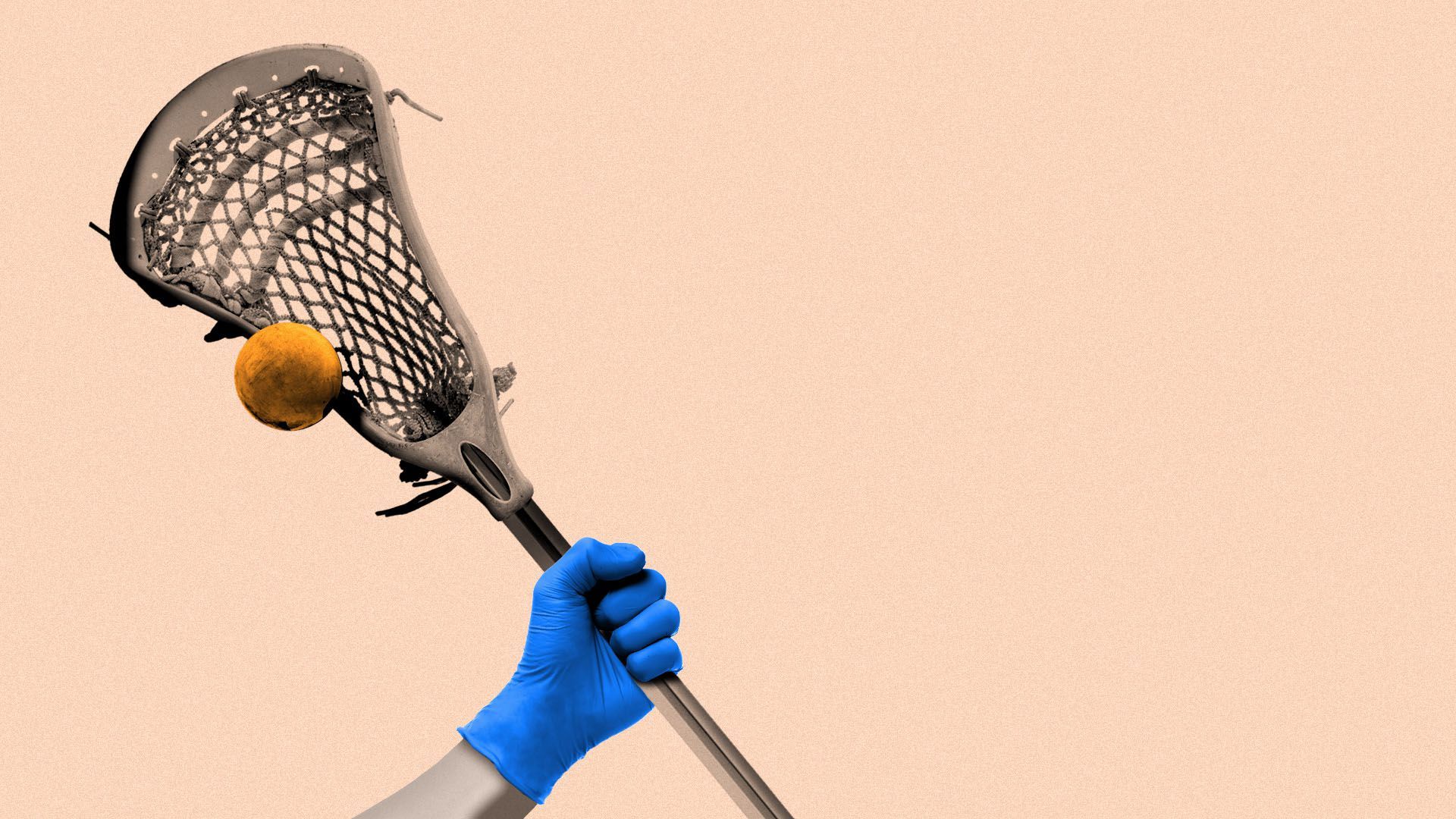 Illustration of a hand in a medical glove holding a lacrosse stick