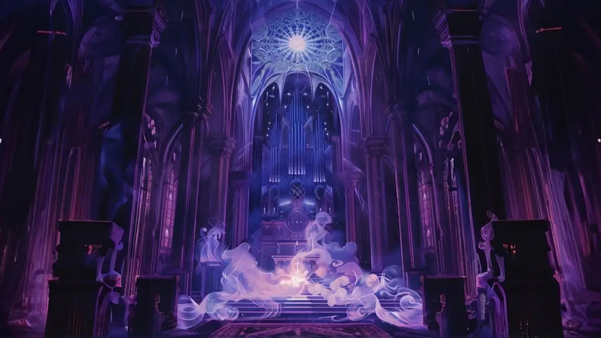 Purple interior of gothic church with smoke below and white light above