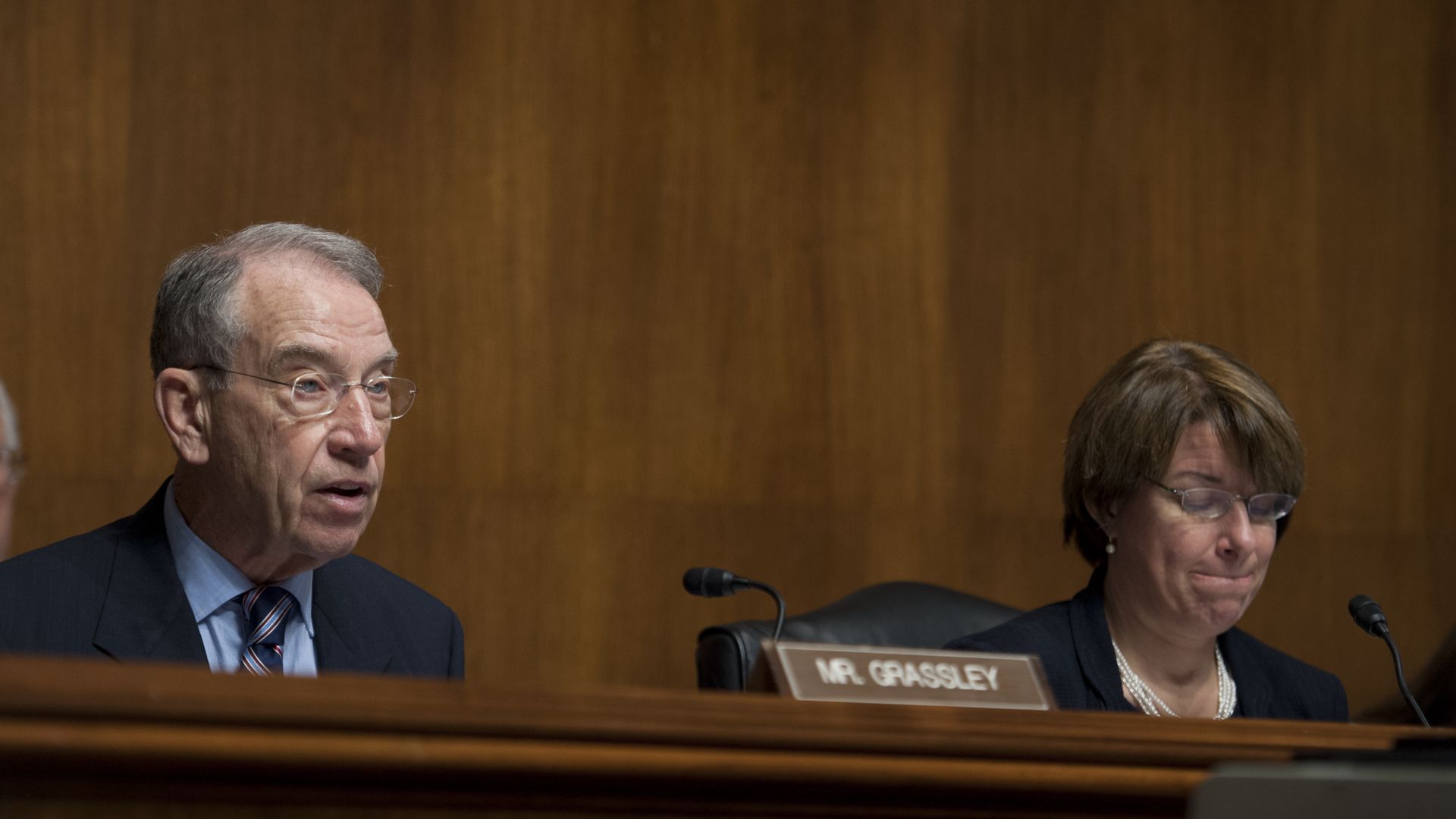 Chuck Grassley and Amy Klobuchar at a Senate committee hearing.