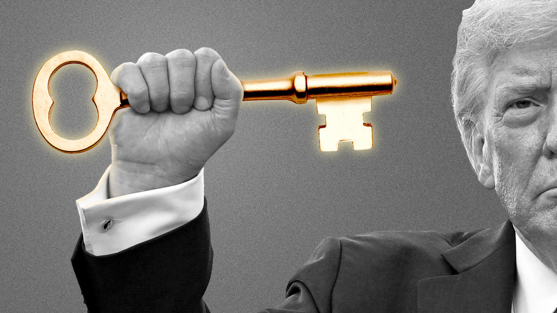 Photo illustration of Donald Trump holding up a glowing, golden skeleton key.