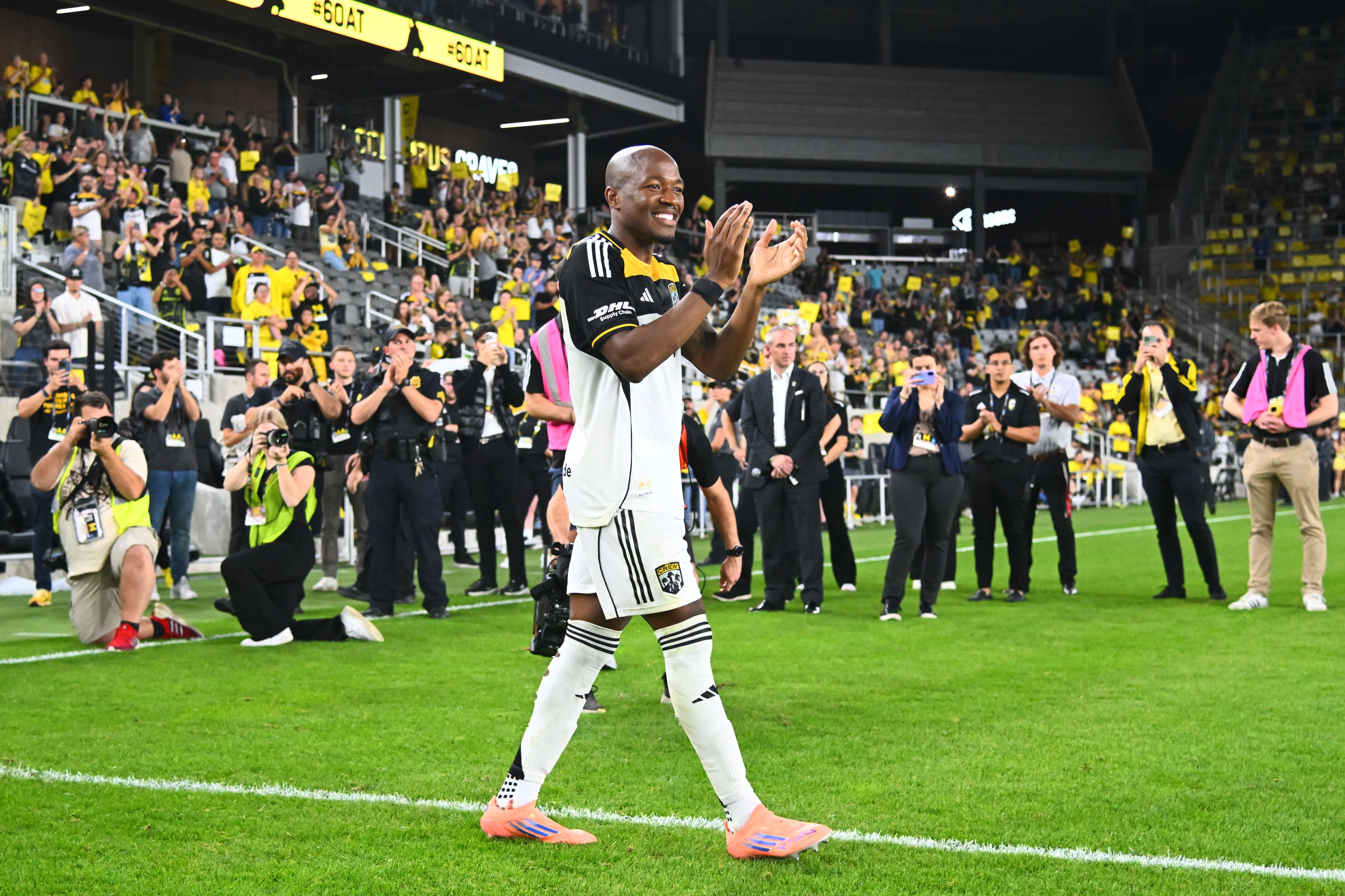 Darlington Nagbe #6 of the Columbus Crew acknowledges the fans while being recognized following his final regular season match at Lower.com Field.
