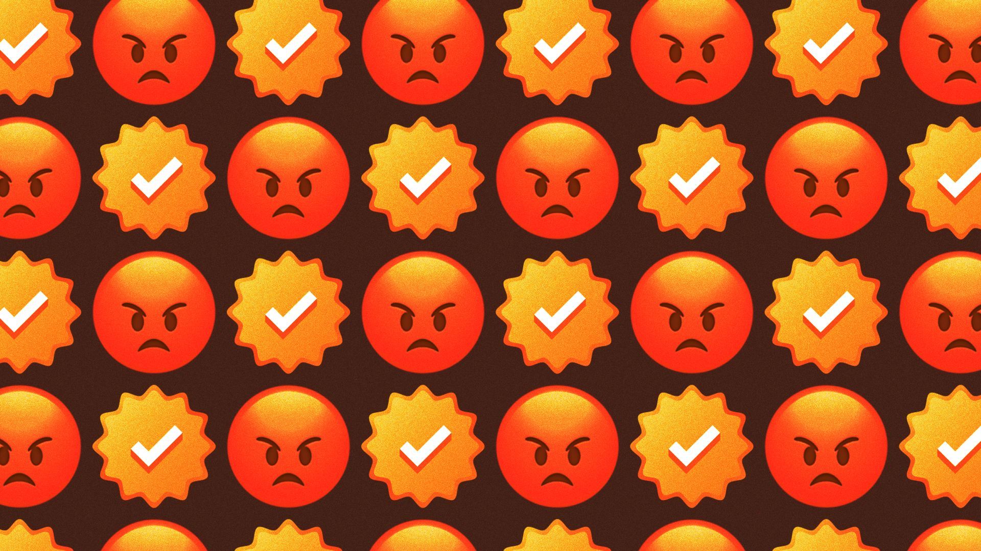 Illustration of a pattern of alternating angry emojis and gold verification check marks