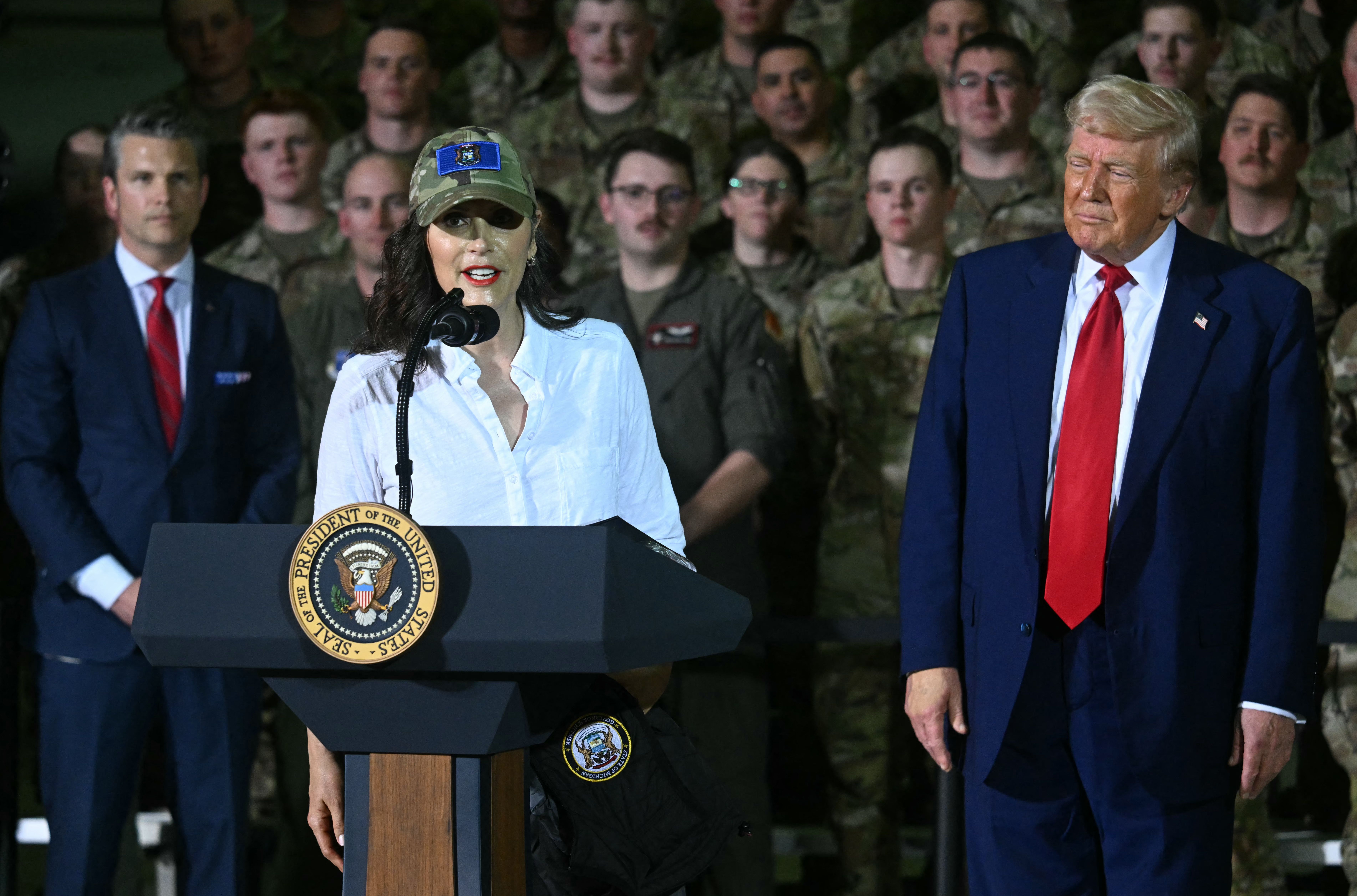 Michigan Gov. Gretchen Whitmer speaks at Selfridge Air National Guard Base in Michigan in April in an appearance with President Trump.