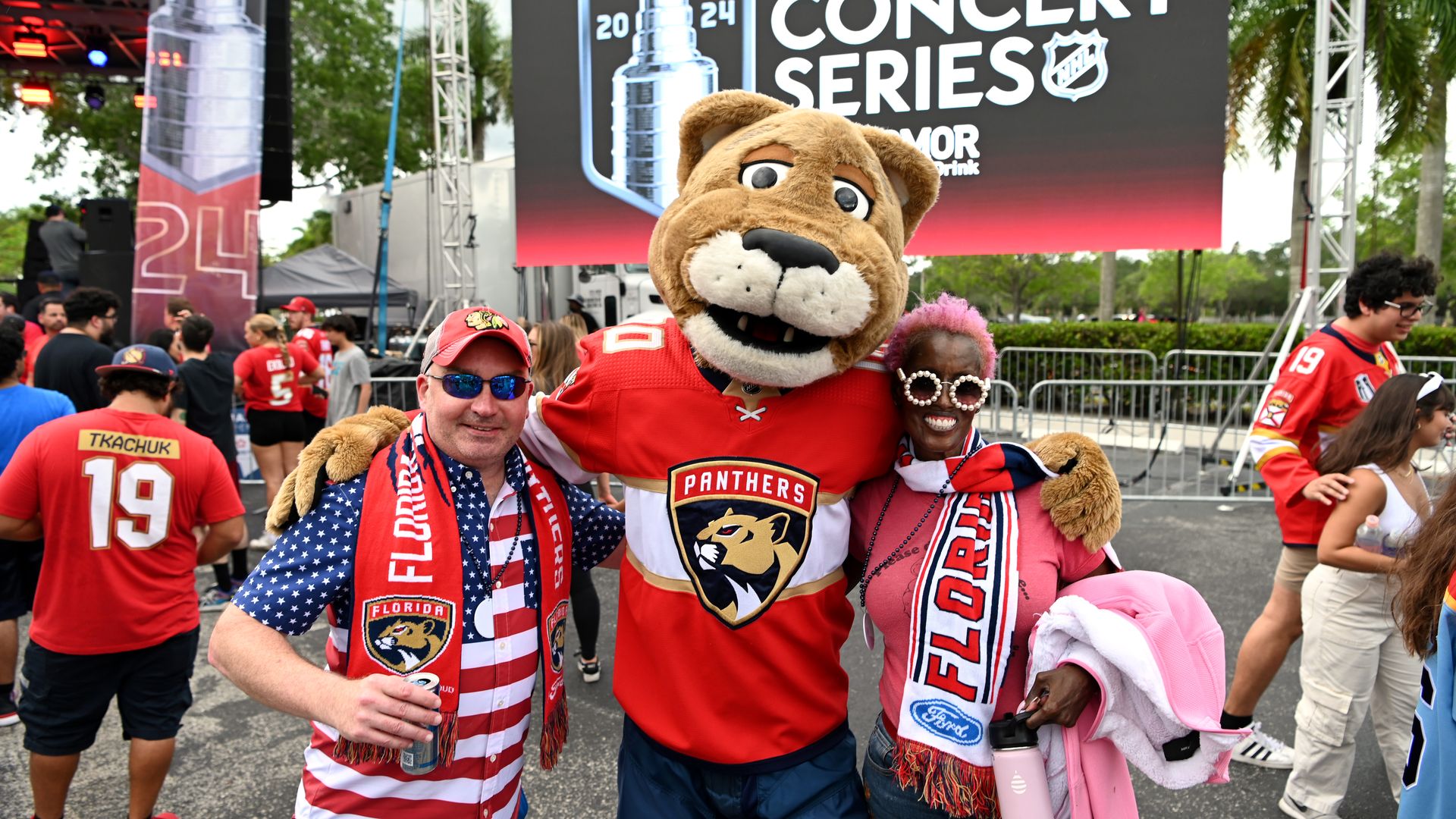 Stanley C. Panther poseswith Florida Panthers fans at the Concert Series before Game Two of the 2024 Stanley Cup Final between the Edmonton Oilers and the Florida Panthers at Amerant Bank Arena 