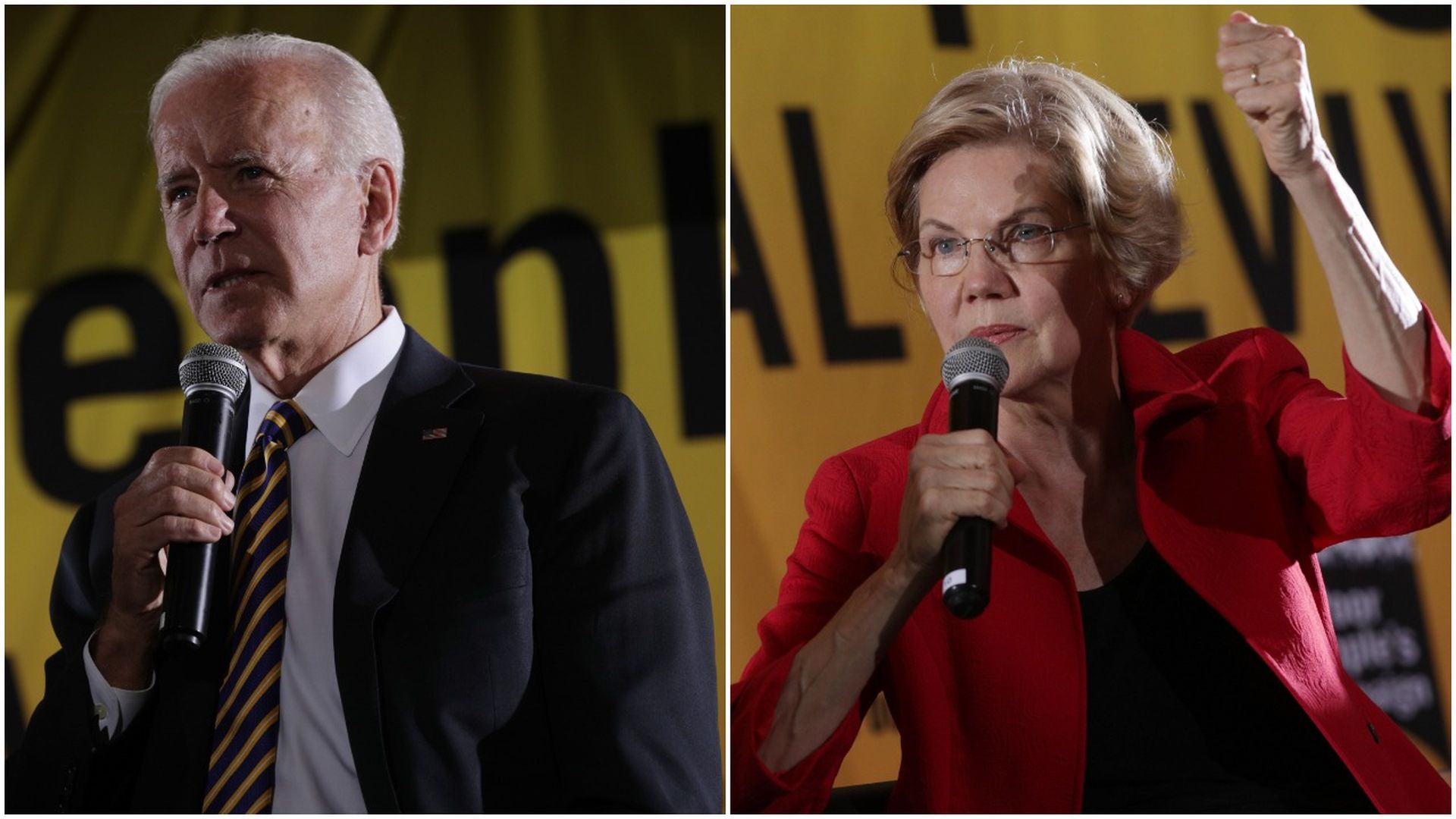 This image is a split-screen of Joe Biden and Elizabeth Warren, both standing and speaking into microphones.