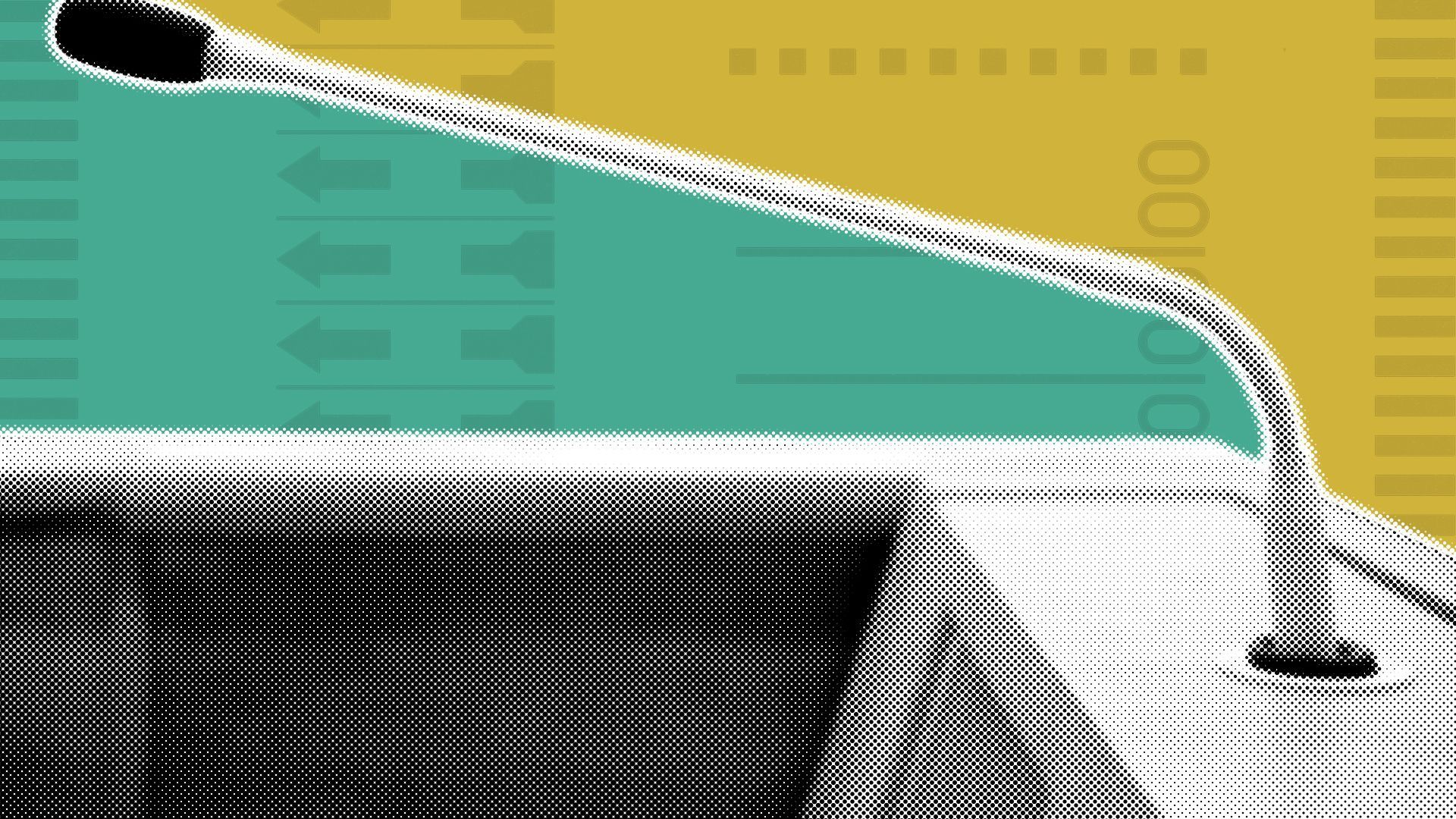 Illustration of a podium and microphone on a divided green and yellow background with elements of ballots.