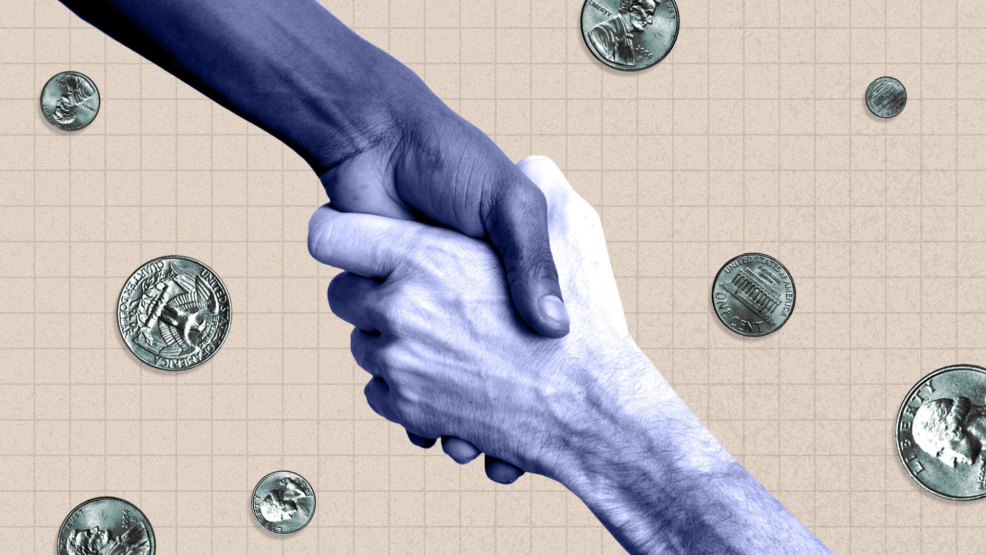 Illustrated collage of two hands grasping one another with coins falling in the background. 