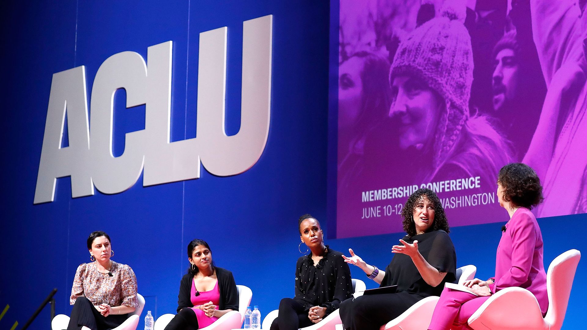 Panelists speak at a discussion about sexual harassment and rape in the workplace at the 2018 ACLU National Conference at the Washington Convention Center on June 12, 2018.