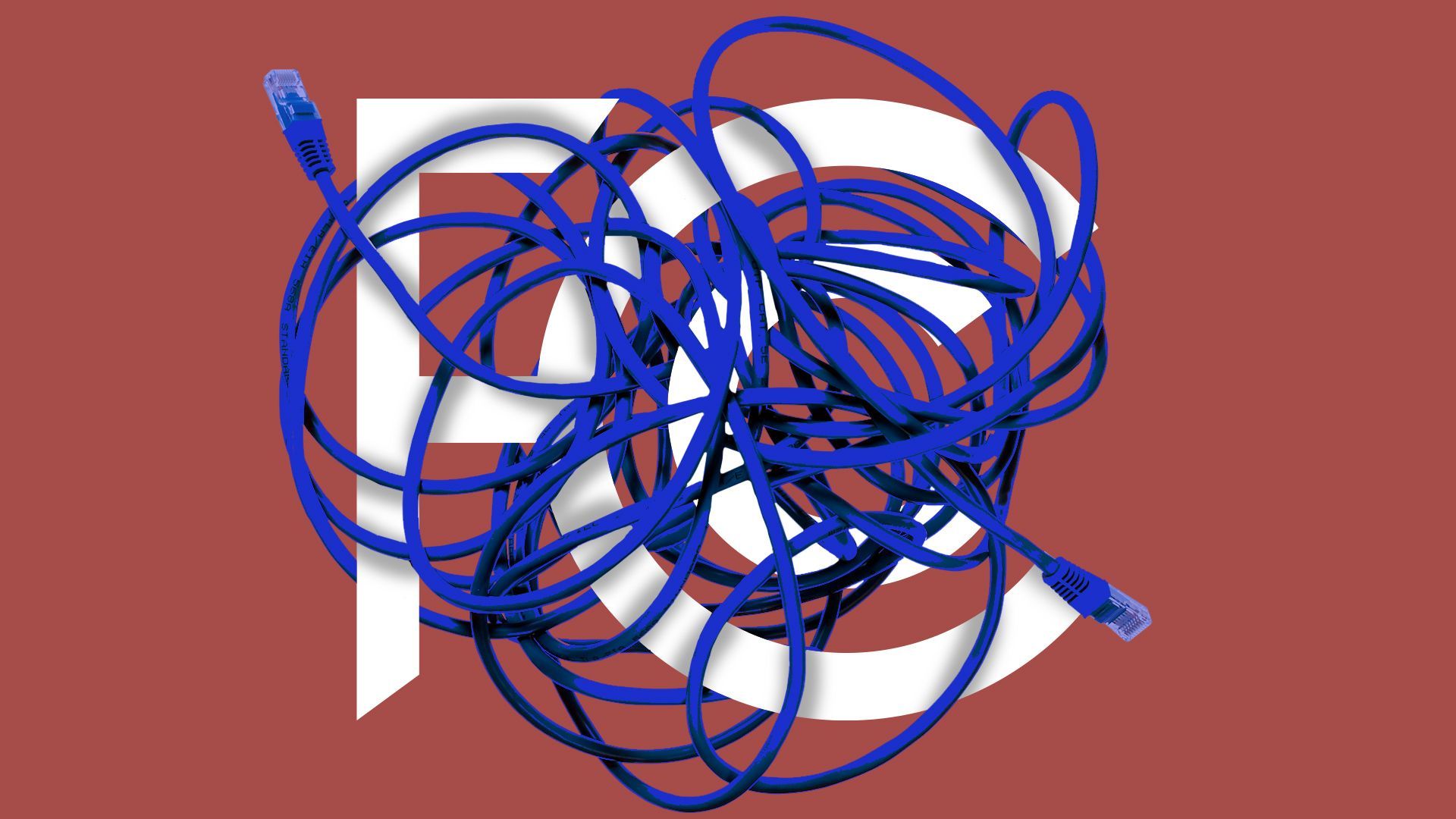 Illustration of the FCC logo tangled in ethernet cable wires. 