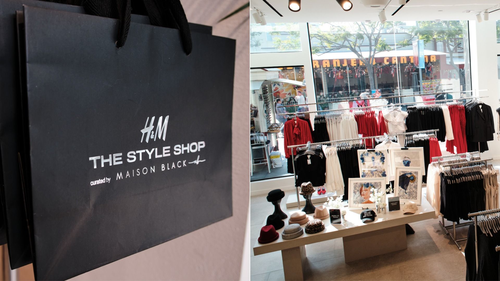 Black H&M shopping bag with "THE STYLE SHOP curated by MAISON BLACK" in white text; modern boutique interior with racks of red, white, and black clothing, hats, and framed art near a large window.