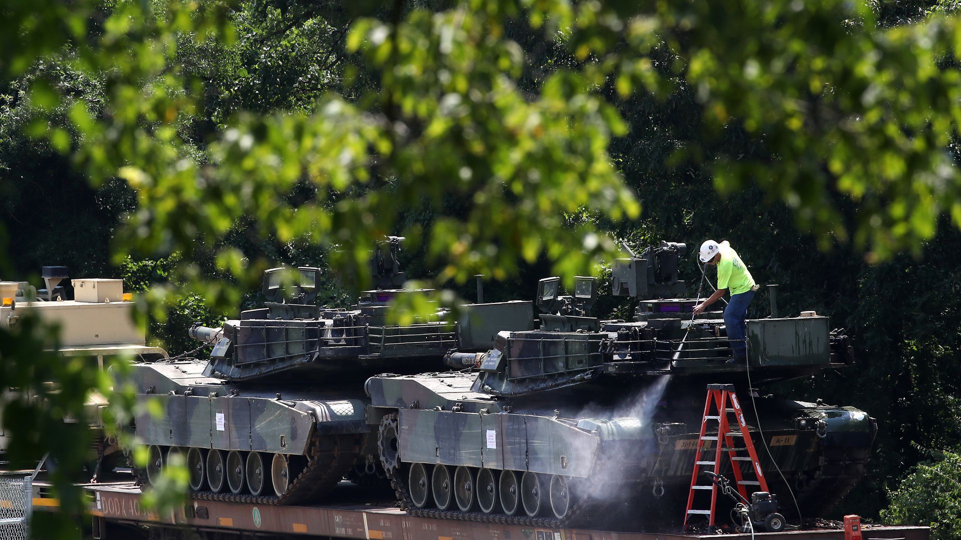 M1A1 Abrams tanks on rail cars in Washington, D.C., ahead of the "Salute to America" event. 