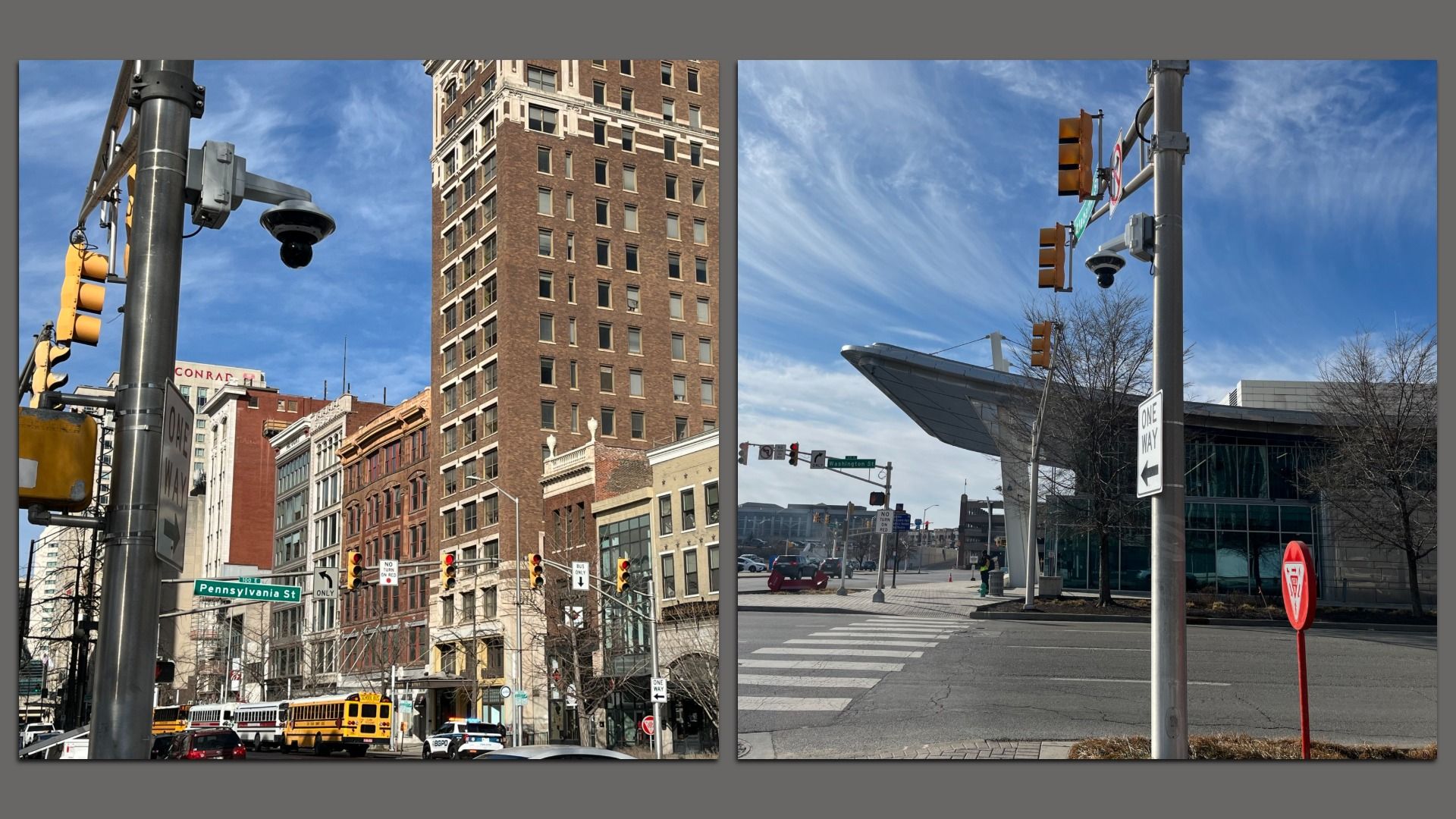 Two street scenes showing traffic lights, one-way signs, and buildings under a blue sky with wispy clouds; one has yellow school buses and the other features a modern building with glass walls.