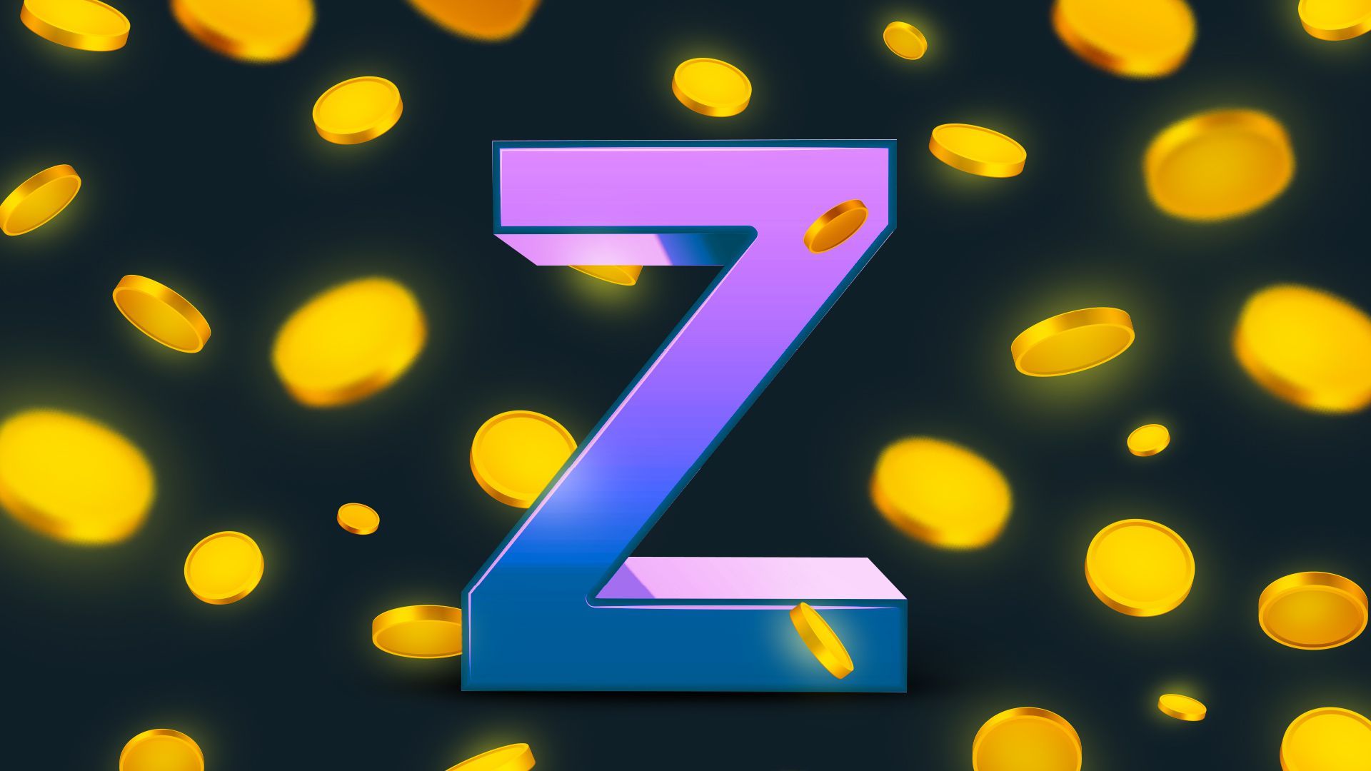Illustration of a 3D letter Z surrounded by a shower of glowing coins.