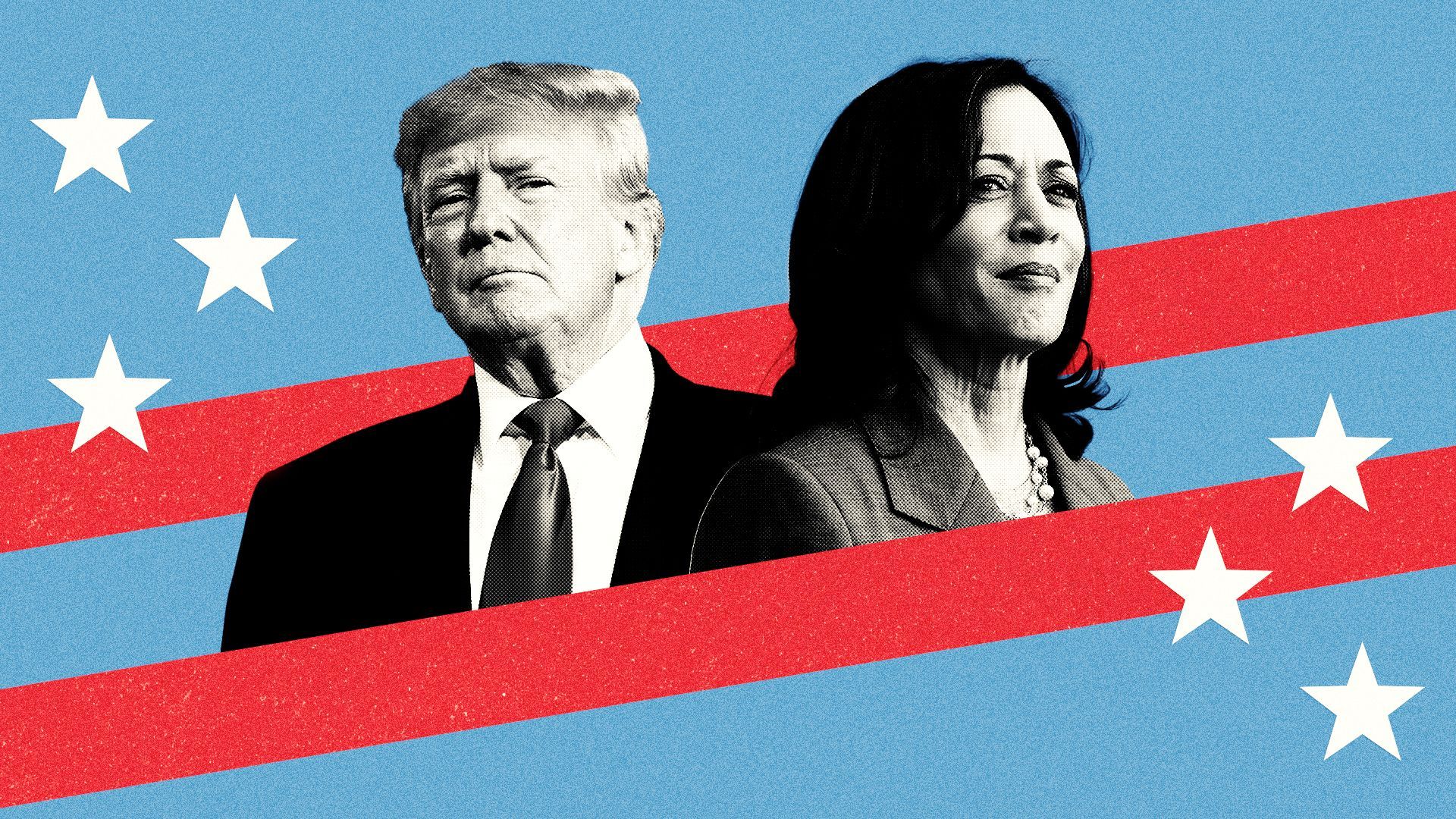 a photo illustration of former president donald trump and vice president kamala harris on a background containing stars and stripes