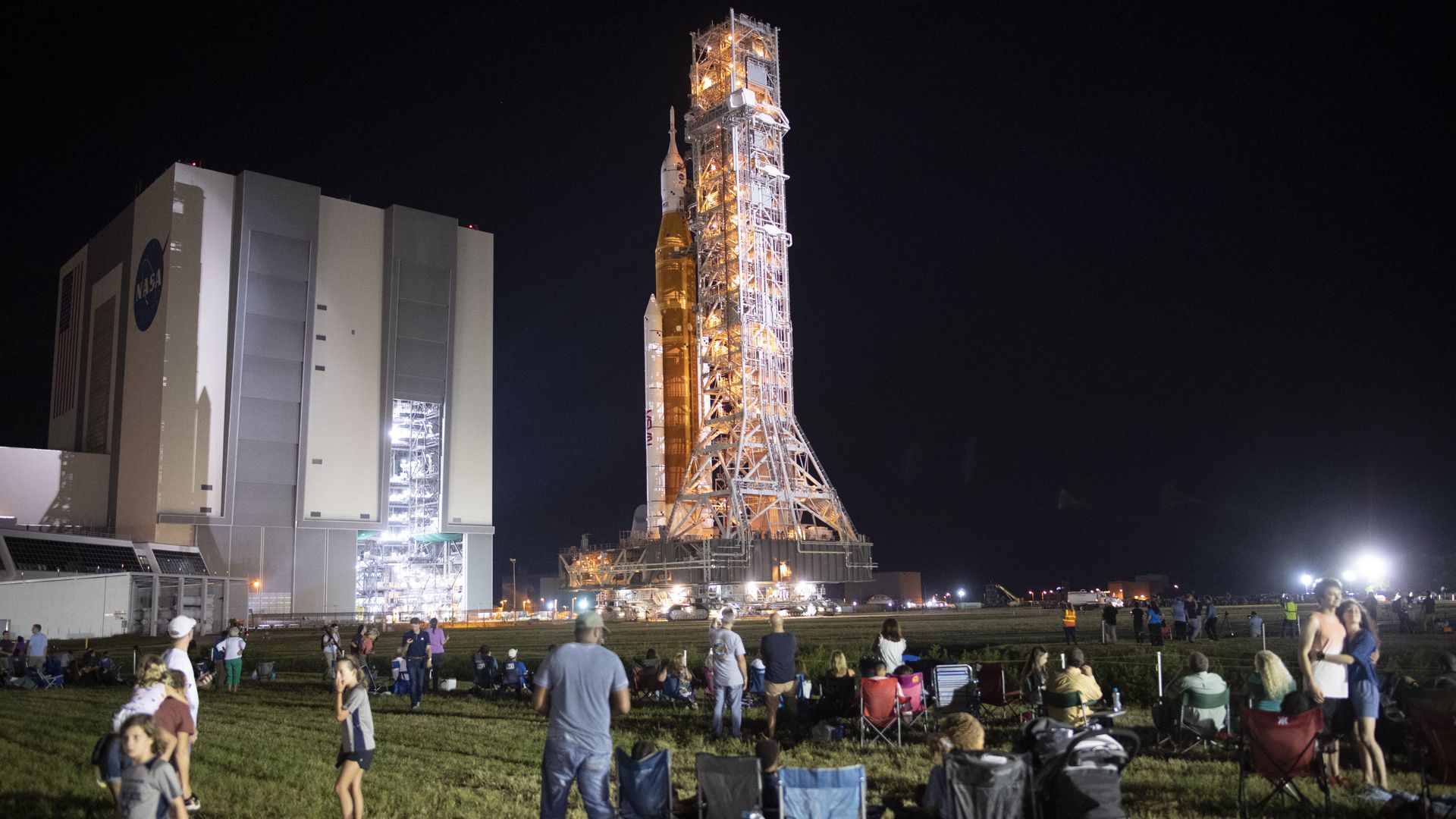 NASA's Space Launch System (SLS) rocket with the Orion spacecraft aboard at the Kennedy Space Center on Aug. 16. 