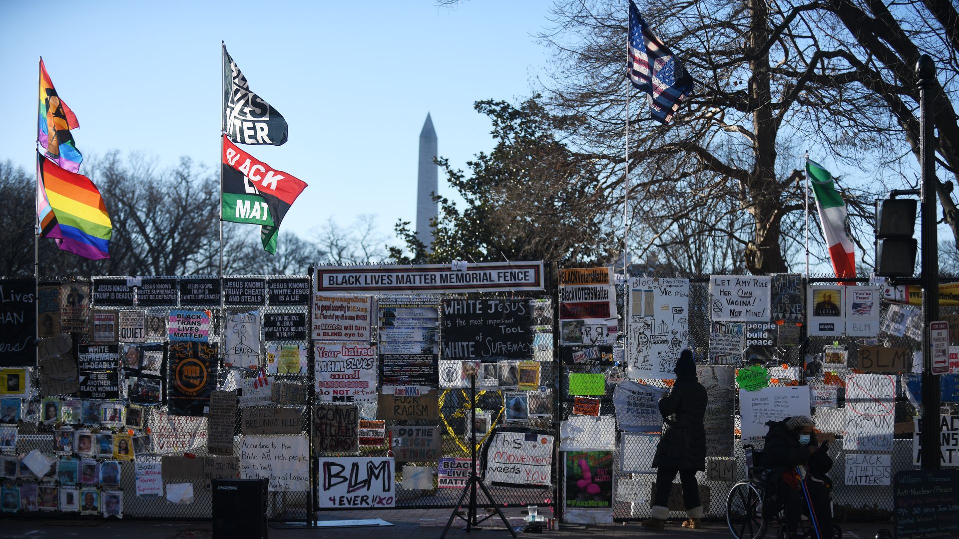 Artwork adorning the Lafayette Park fencing in front of the White House in Washington, DC